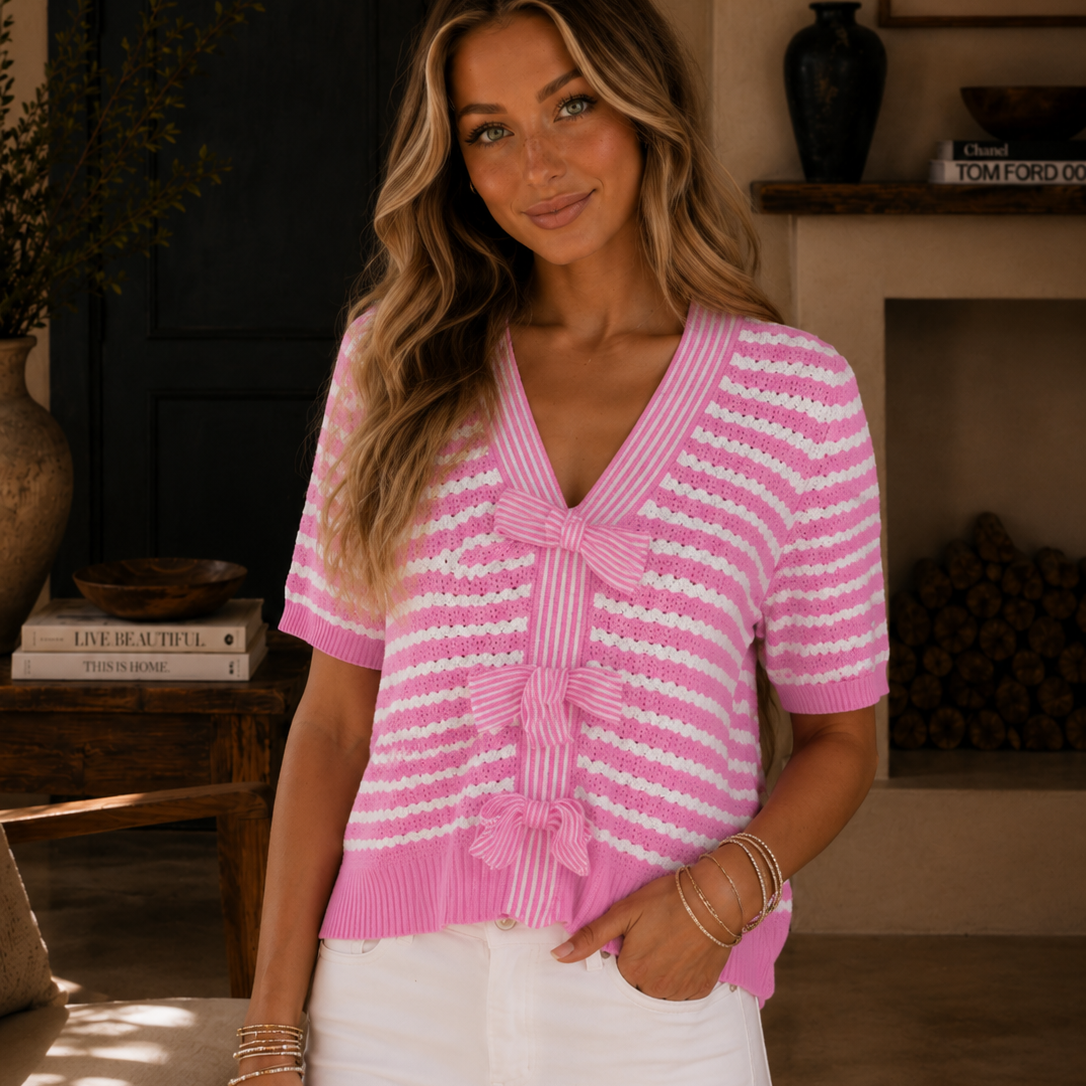 Stripe Short Sleeve Knit V Neck Bow Knot Sweater