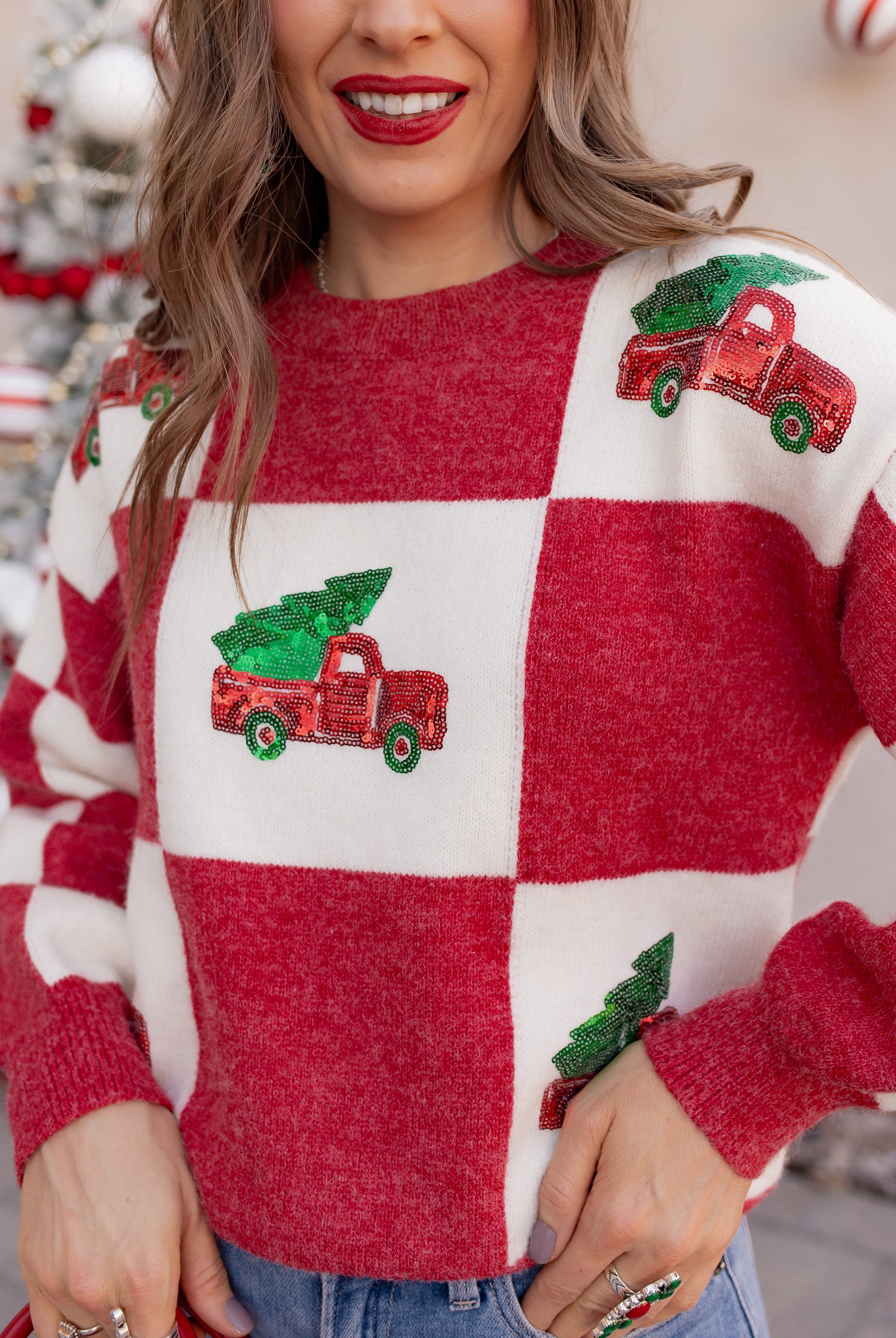 Red & White Holiday Checkered Pickup & Tree Sequin Knit Sweater | KKB EXCLUSIVE XS-3X-Sweater-Krush Kandy, Women's Online Fashion Boutique Located in Phoenix, Arizona (Scottsdale Area)