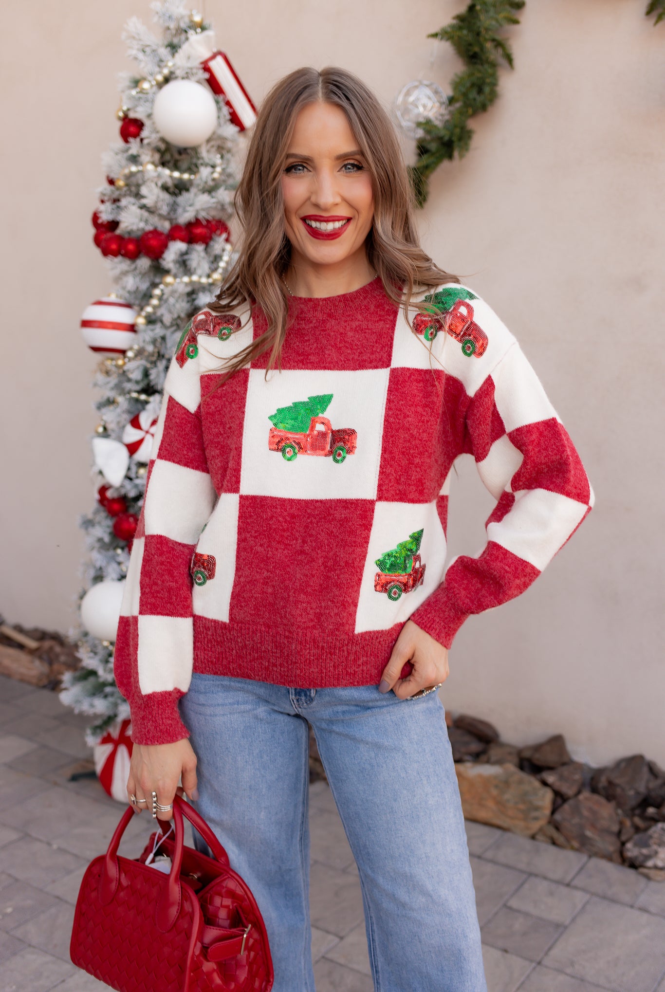 Red & White Holiday Checkered Pickup & Tree Sequin Knit Sweater | KKB EXCLUSIVE XS-3X-Sweater-Krush Kandy, Women's Online Fashion Boutique Located in Phoenix, Arizona (Scottsdale Area)