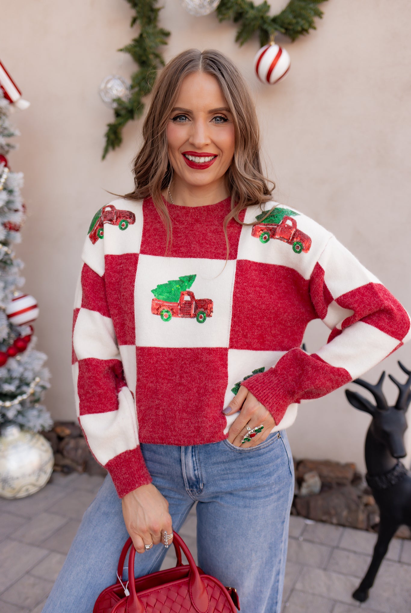 Red & White Holiday Checkered Pickup & Tree Sequin Knit Sweater | KKB EXCLUSIVE XS-3X-Sweater-Krush Kandy, Women's Online Fashion Boutique Located in Phoenix, Arizona (Scottsdale Area)