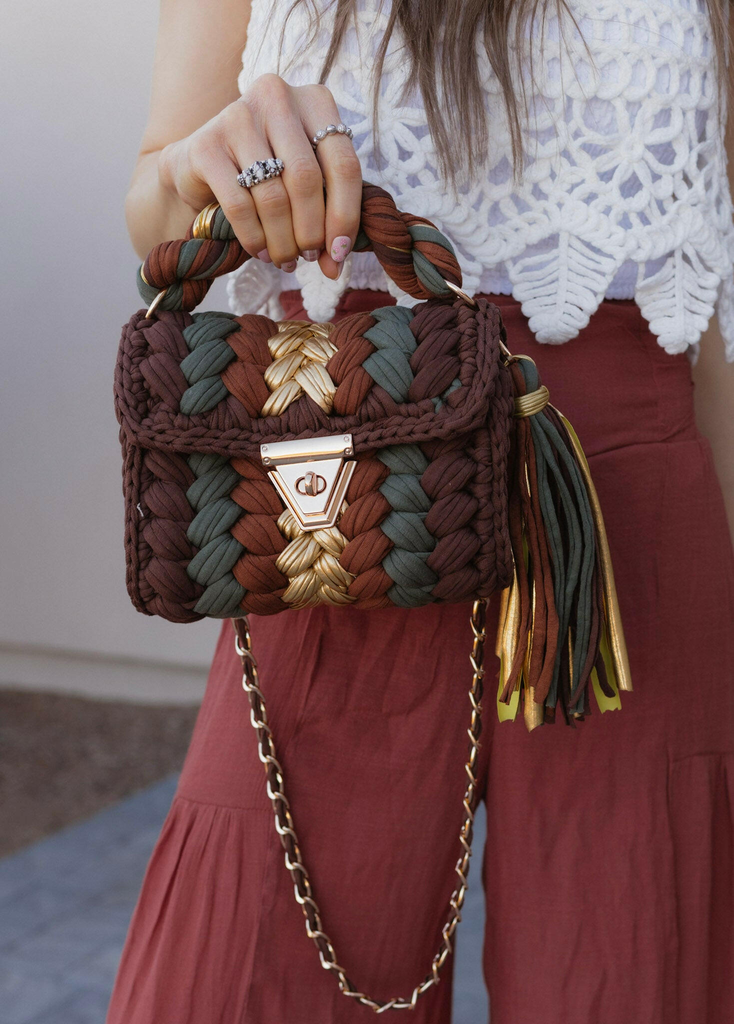 Chestnut Charm Metallic Leather Handmade Crochet Purse-handbags-Krush Kandy, Women's Online Fashion Boutique Located in Phoenix, Arizona (Scottsdale Area)