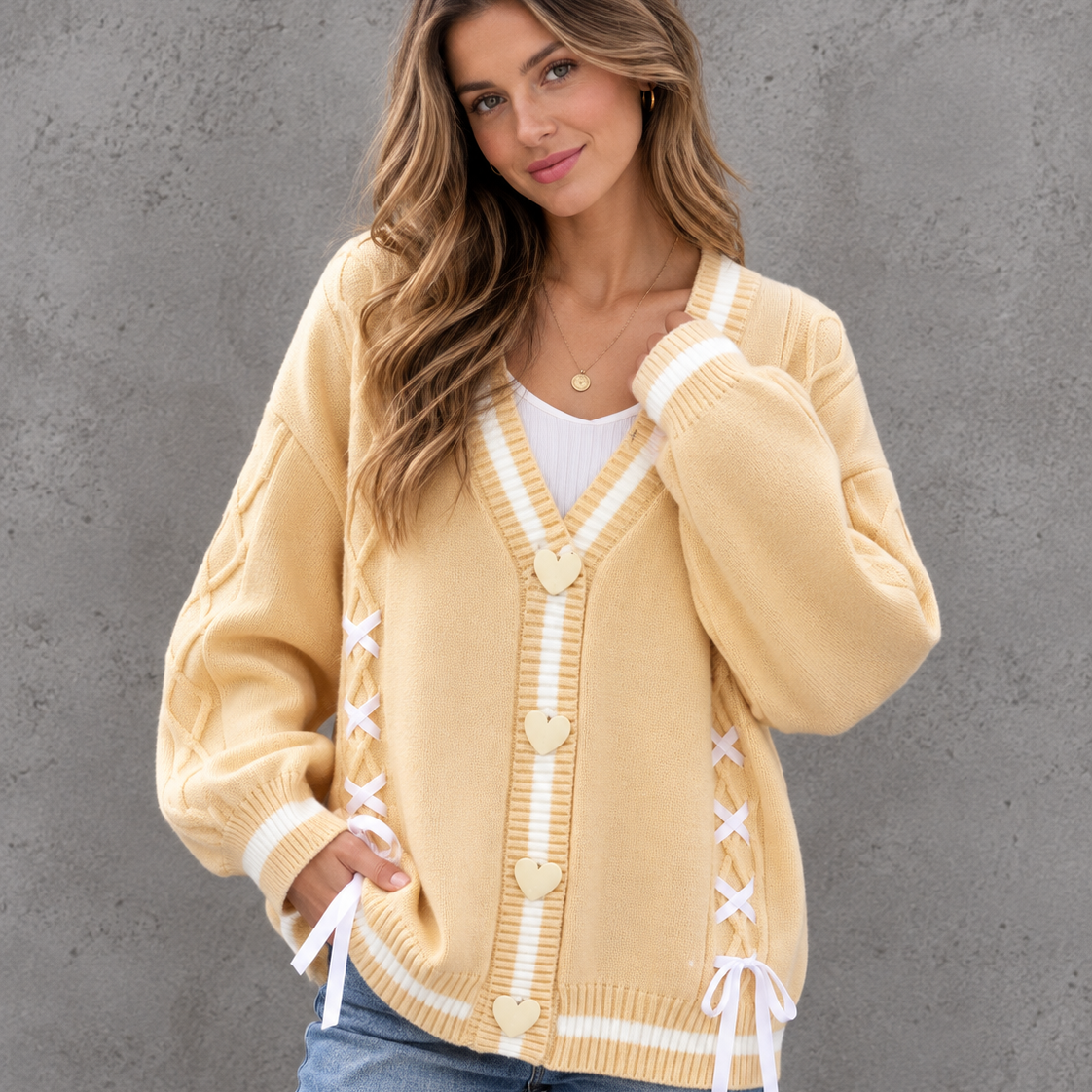 Ribbon Hearts Cable Knit Cardigan