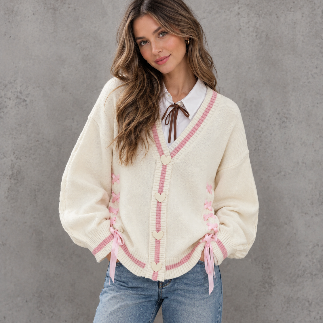 Ribbon Hearts Cable Knit Cardigan