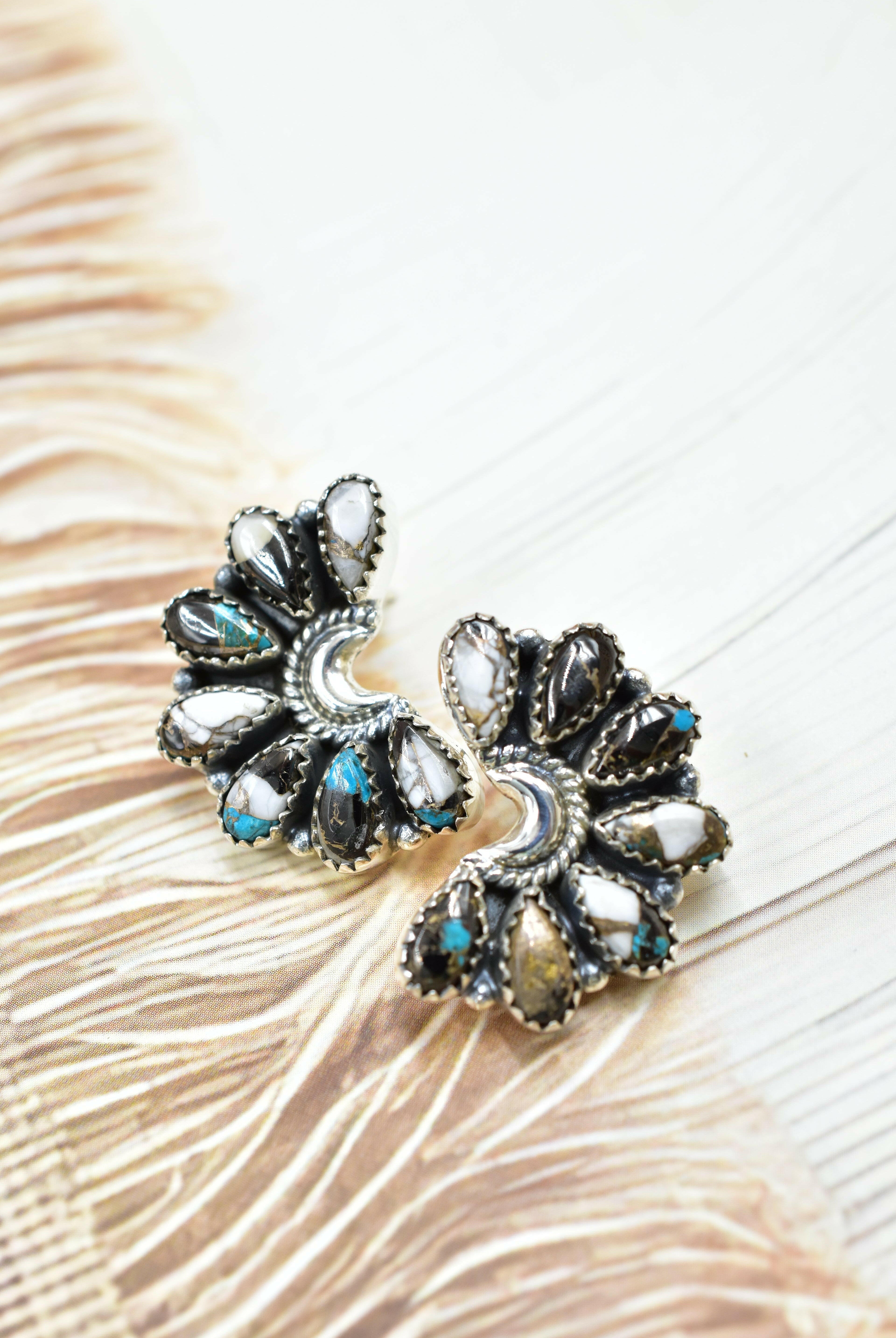 Sterling Half Moon Stone Cluster Earrings-Earrings-Krush Kandy, Women's Online Fashion Boutique Located in Phoenix, Arizona (Scottsdale Area)