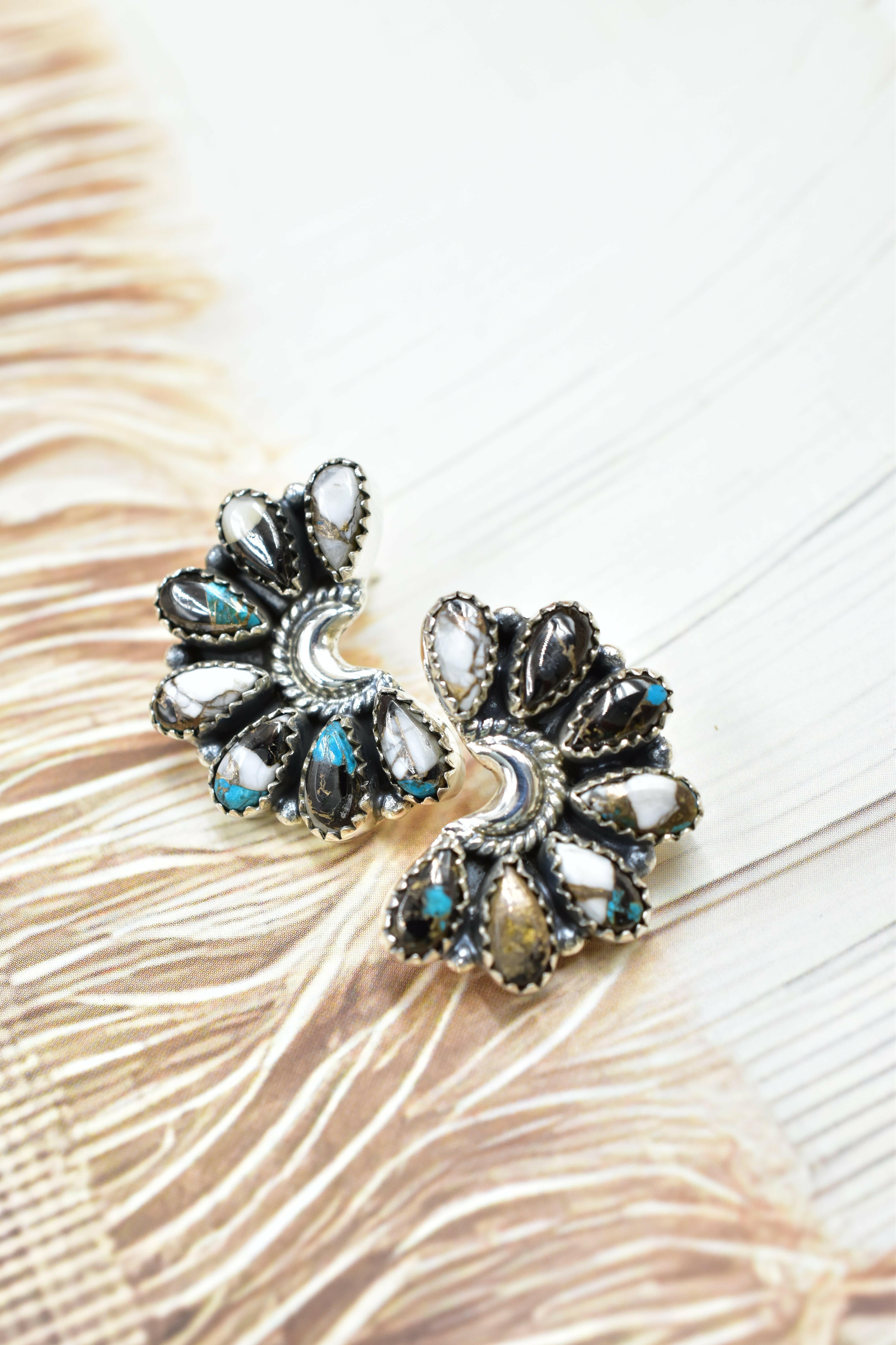 Sterling Half Moon Stone Cluster Earrings-Earrings-Krush Kandy, Women's Online Fashion Boutique Located in Phoenix, Arizona (Scottsdale Area)