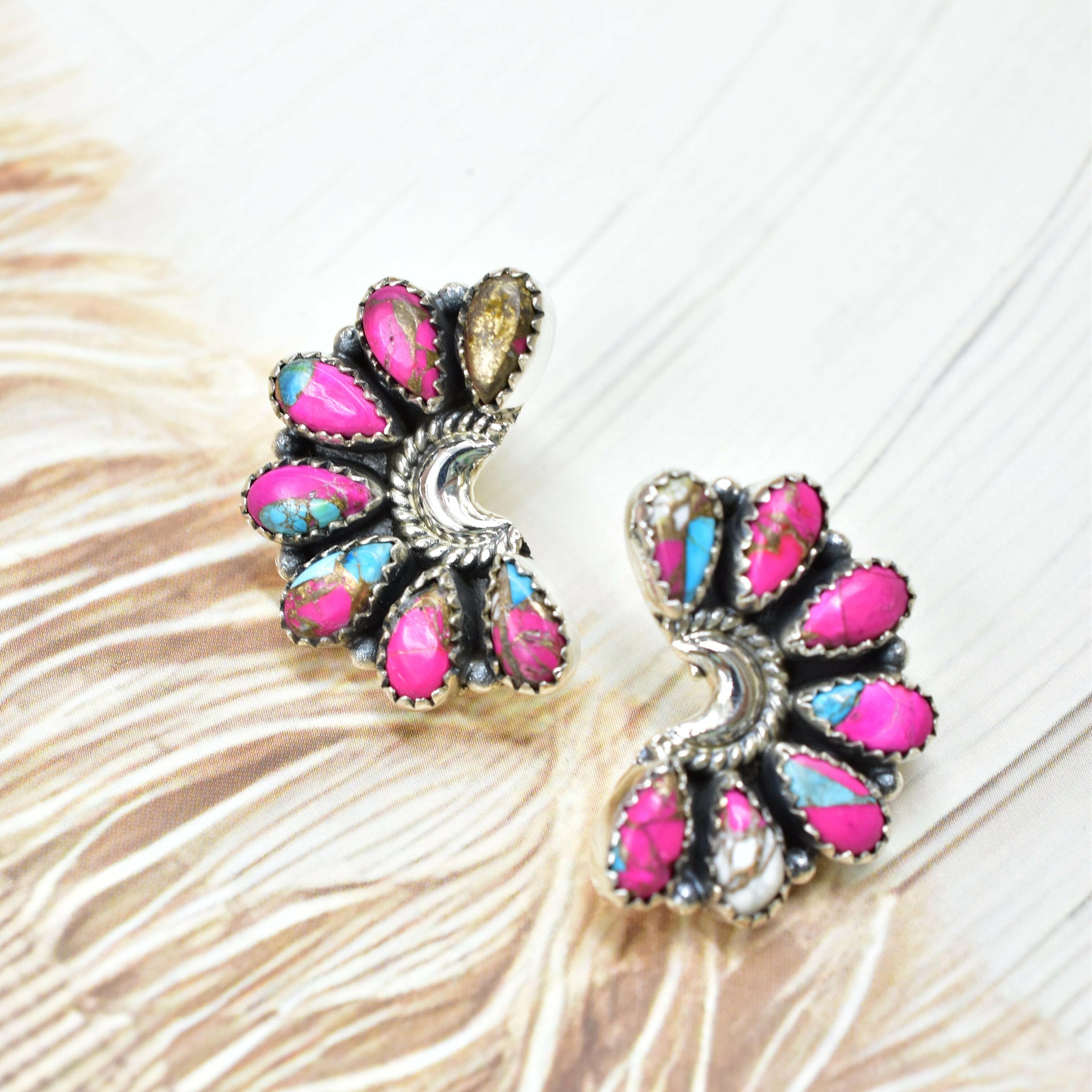 Sterling Half Moon Stone Cluster Earrings-Earrings-Krush Kandy, Women's Online Fashion Boutique Located in Phoenix, Arizona (Scottsdale Area)