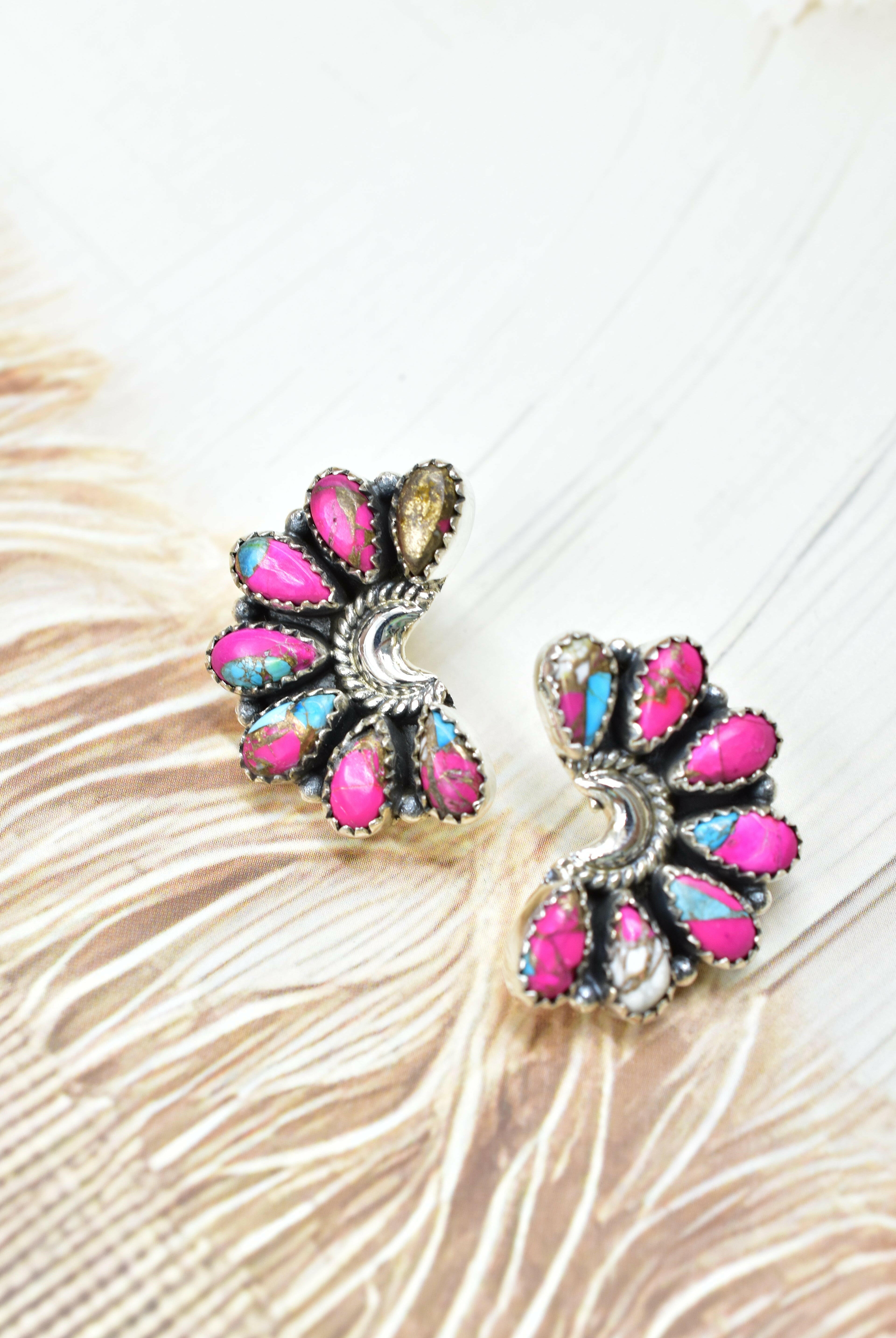 Sterling Half Moon Stone Cluster Earrings-Earrings-Krush Kandy, Women's Online Fashion Boutique Located in Phoenix, Arizona (Scottsdale Area)