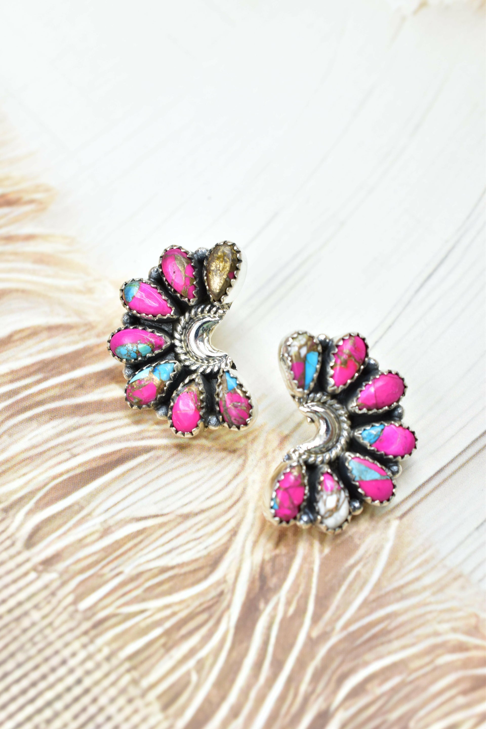 Sterling Half Moon Stone Cluster Earrings-Earrings-Krush Kandy, Women's Online Fashion Boutique Located in Phoenix, Arizona (Scottsdale Area)