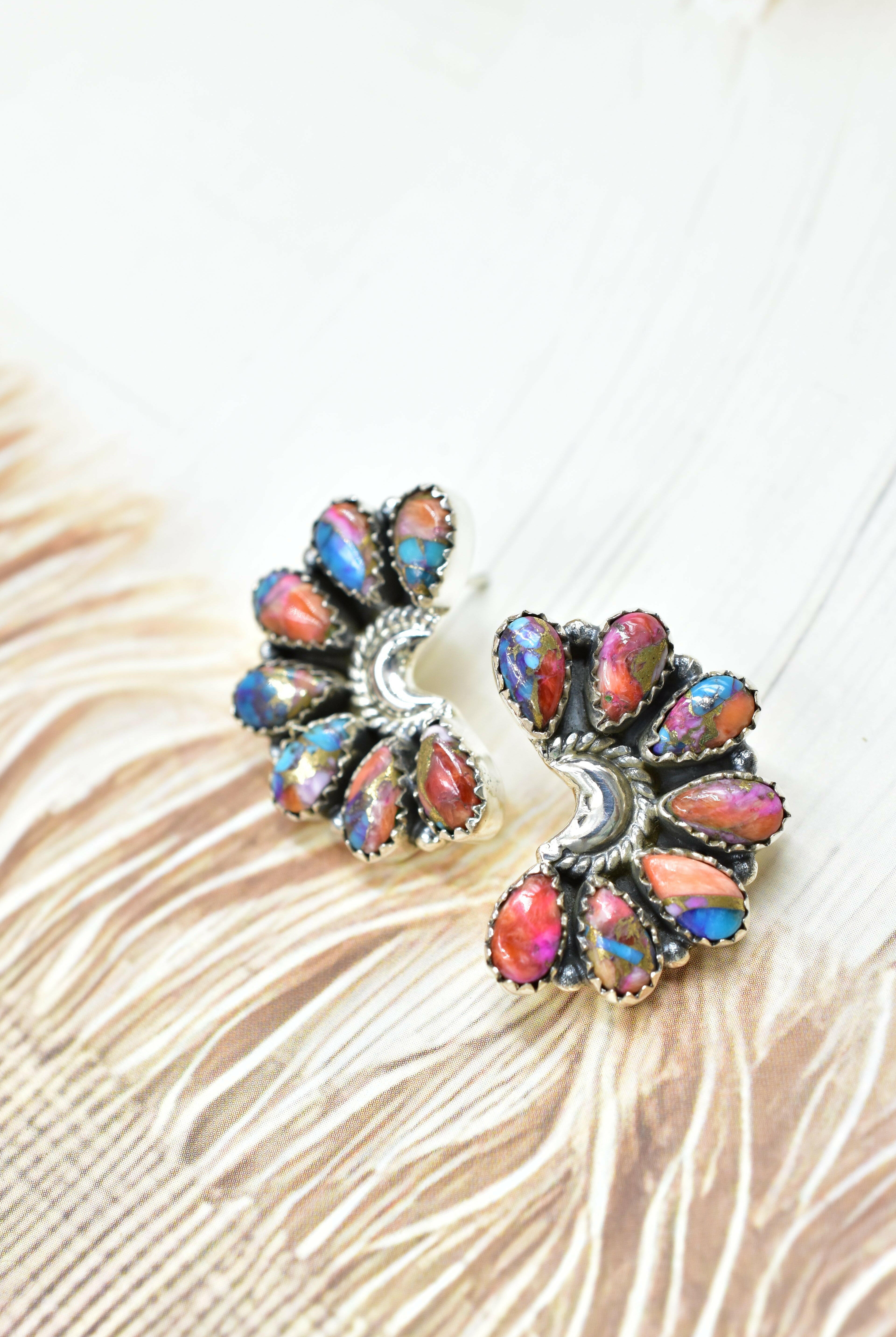 Sterling Half Moon Stone Cluster Earrings-Earrings-Krush Kandy, Women's Online Fashion Boutique Located in Phoenix, Arizona (Scottsdale Area)