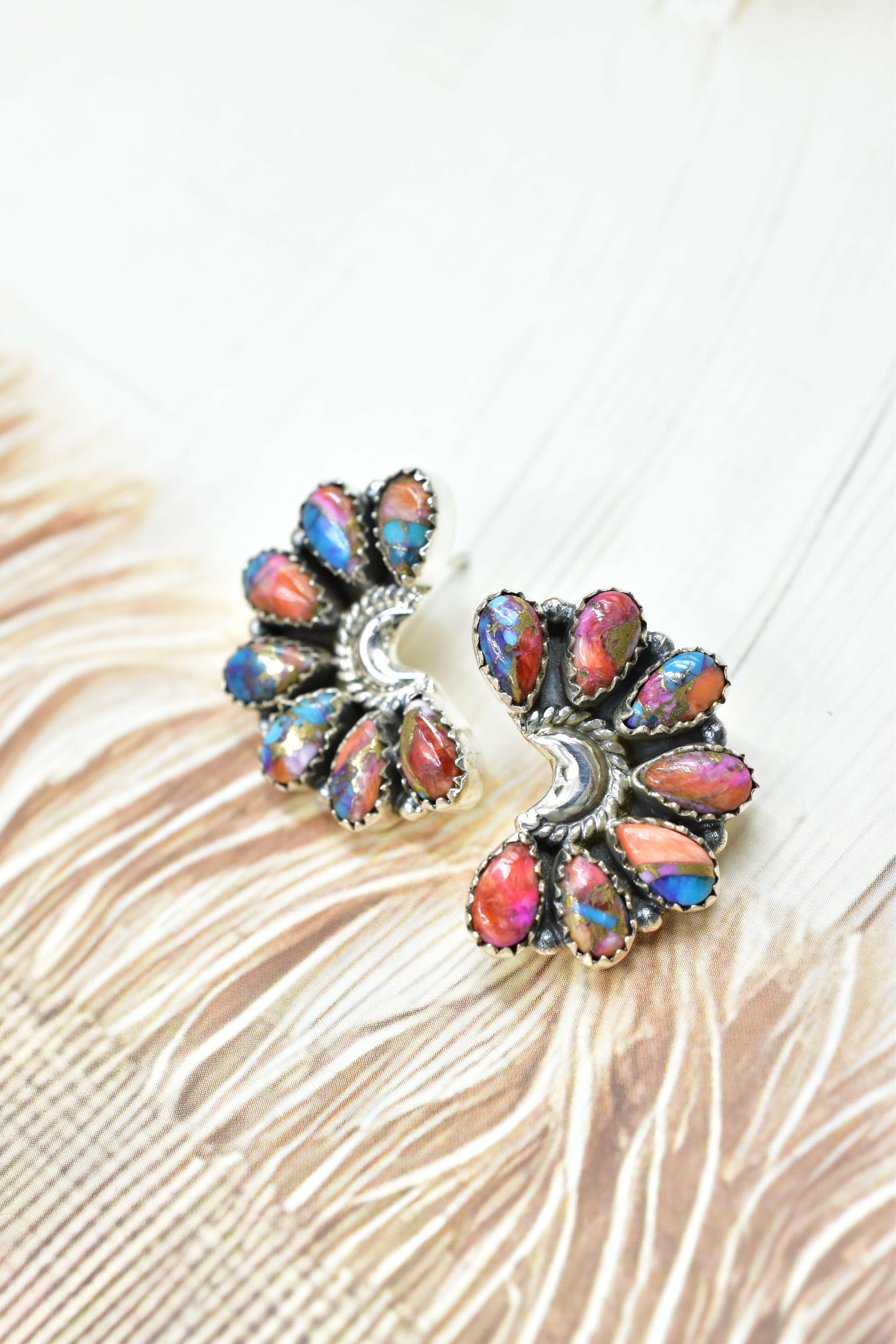 Sterling Half Moon Stone Cluster Earrings-Earrings-Krush Kandy, Women's Online Fashion Boutique Located in Phoenix, Arizona (Scottsdale Area)