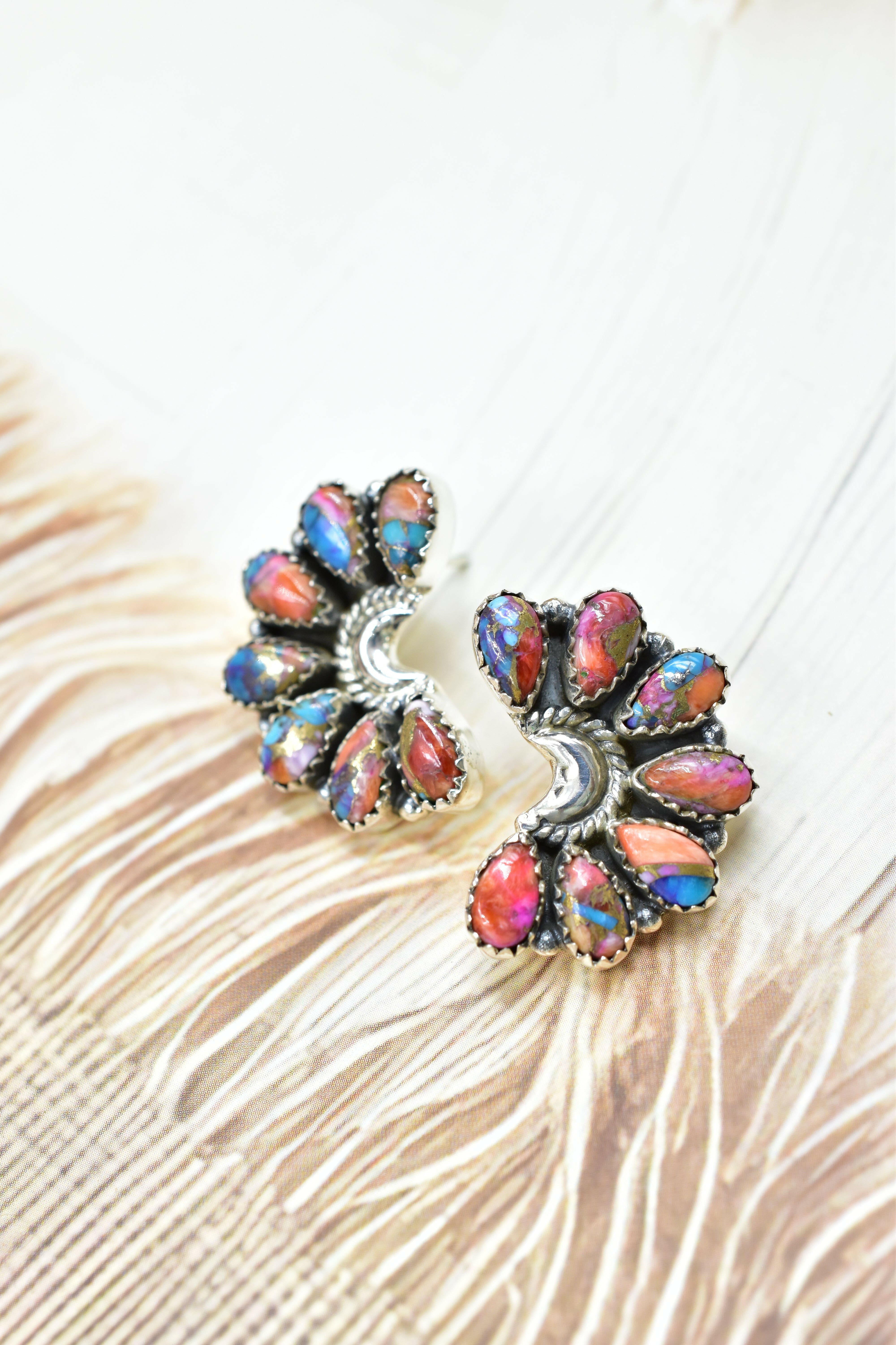 Sterling Half Moon Stone Cluster Earrings-Earrings-Krush Kandy, Women's Online Fashion Boutique Located in Phoenix, Arizona (Scottsdale Area)