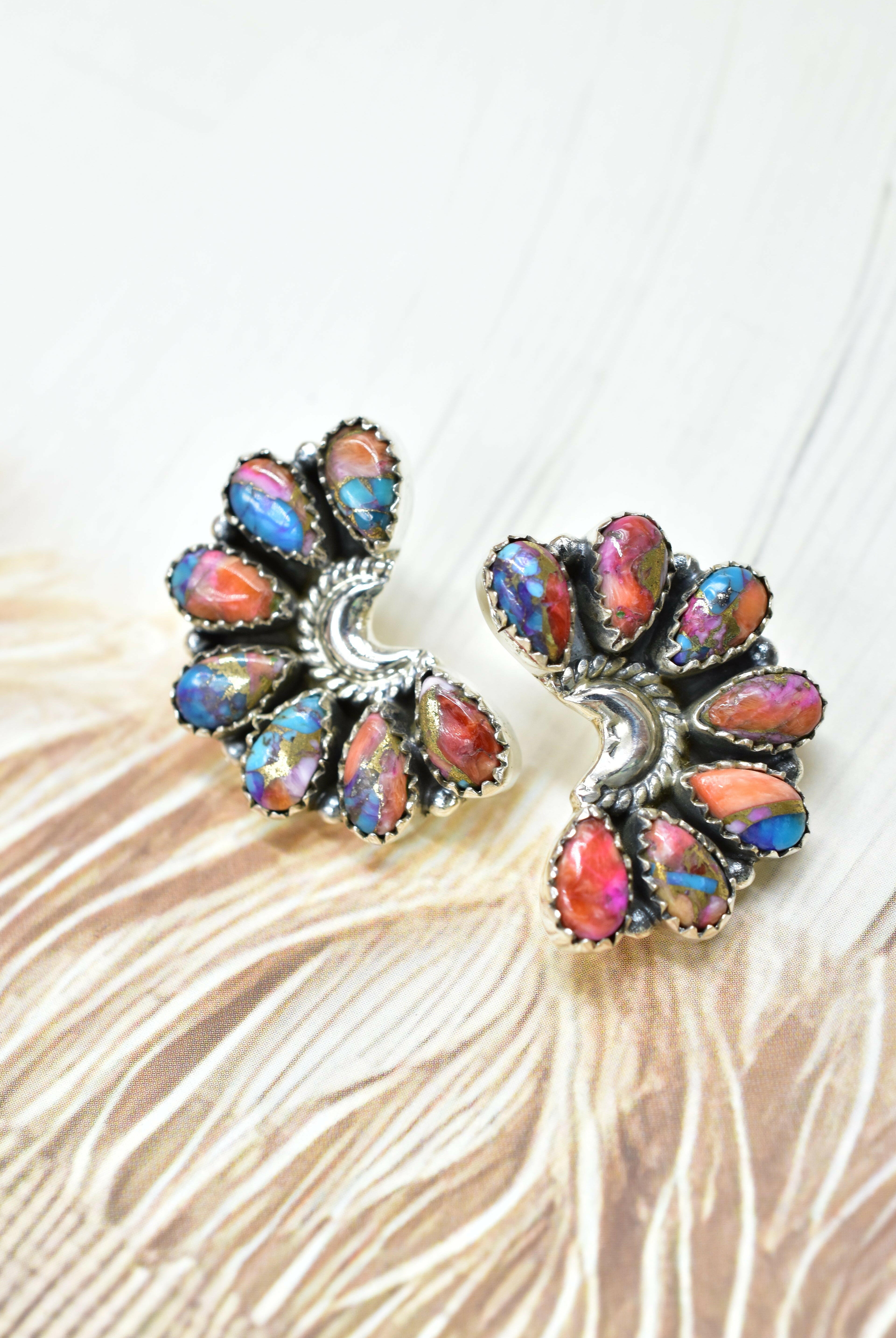 Sterling Half Moon Stone Cluster Earrings-Earrings-Krush Kandy, Women's Online Fashion Boutique Located in Phoenix, Arizona (Scottsdale Area)