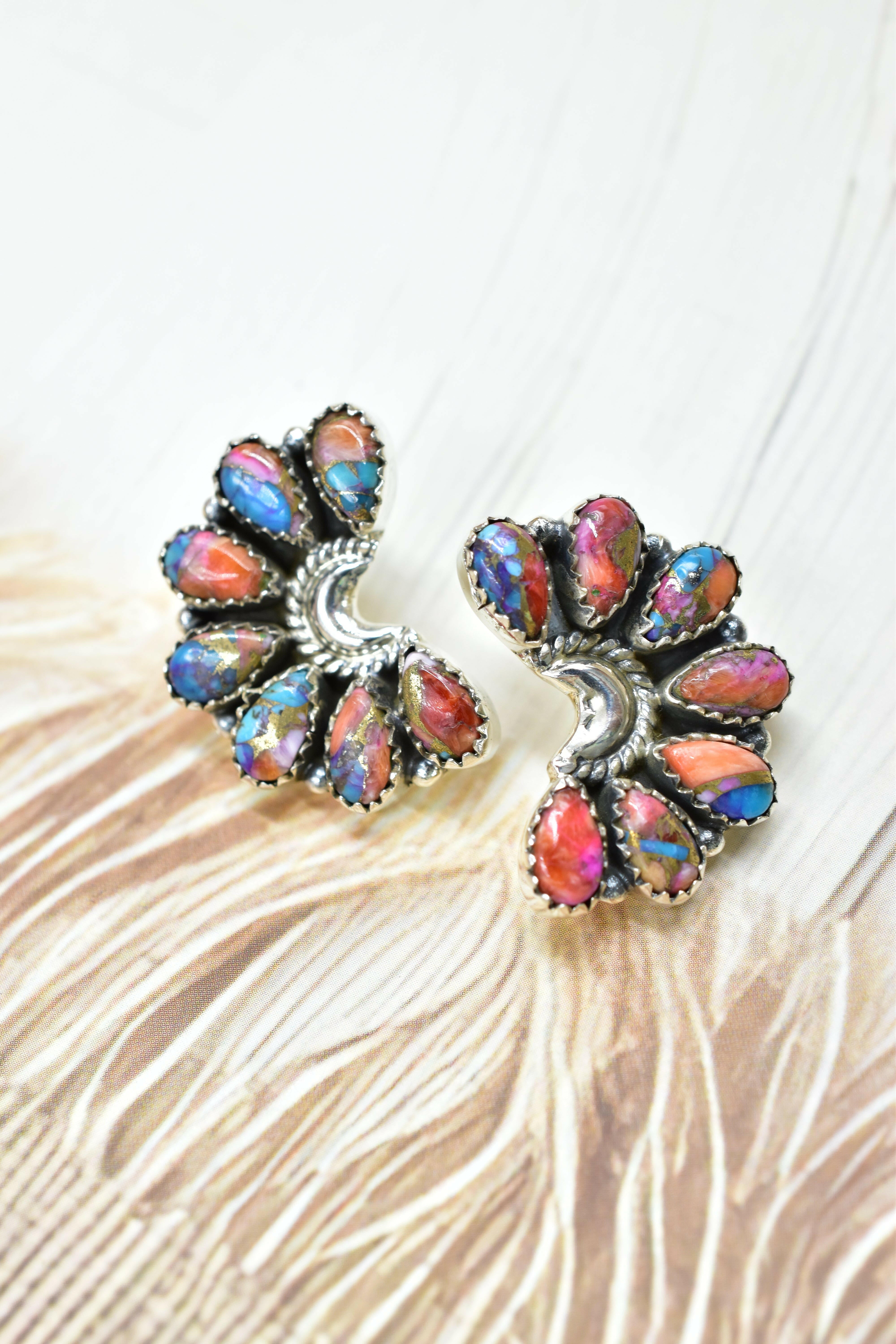 Sterling Half Moon Stone Cluster Earrings-Earrings-Krush Kandy, Women's Online Fashion Boutique Located in Phoenix, Arizona (Scottsdale Area)