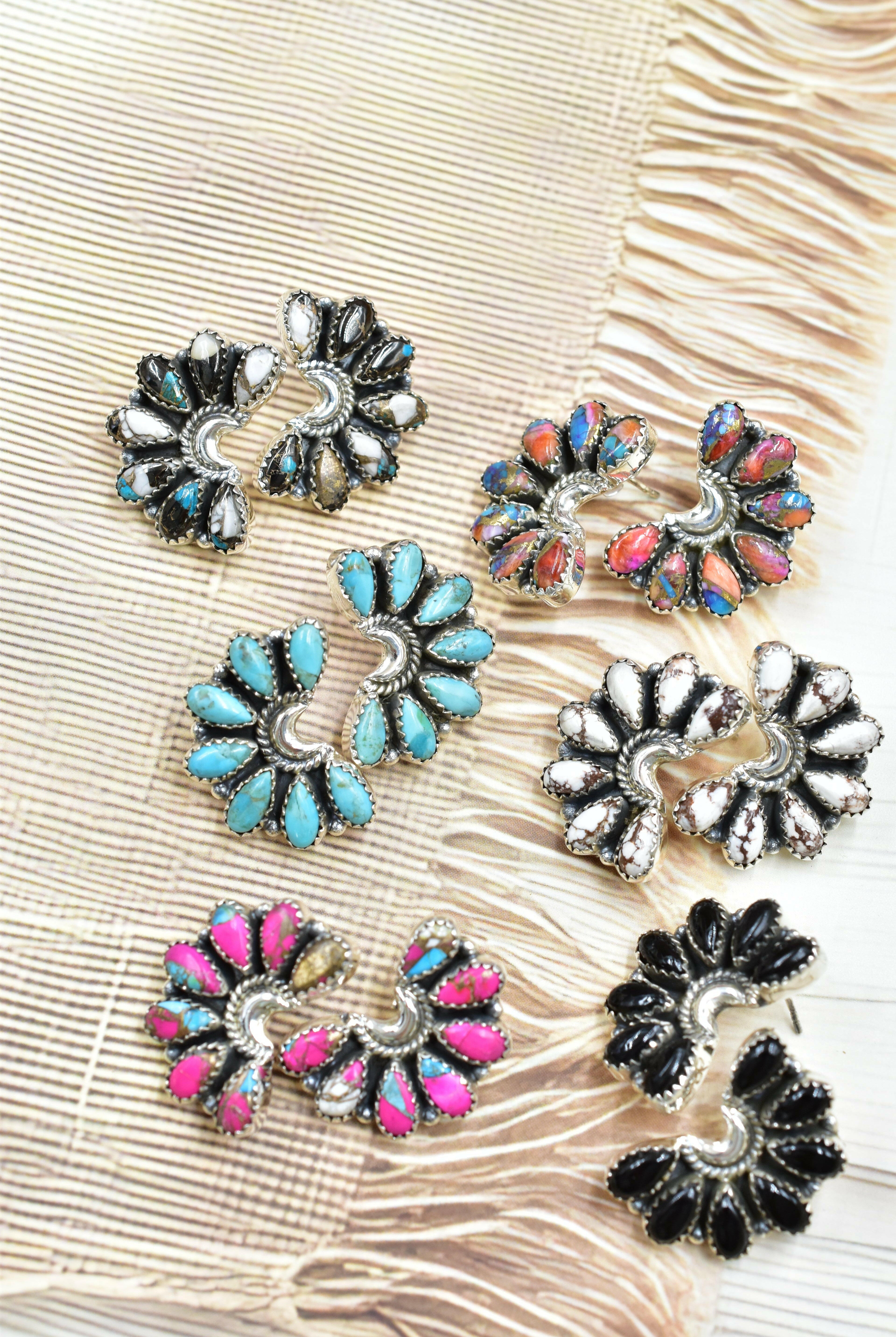 Sterling Half Moon Stone Cluster Earrings-Earrings-Krush Kandy, Women's Online Fashion Boutique Located in Phoenix, Arizona (Scottsdale Area)