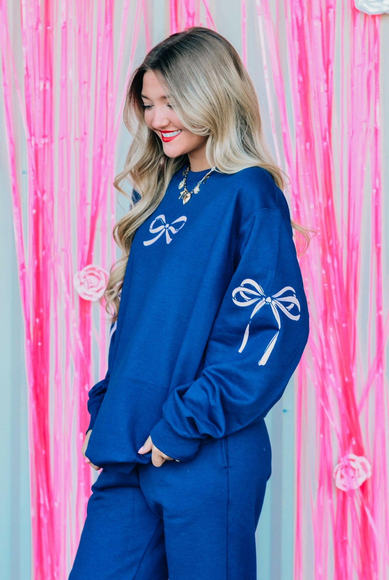 Navy Bow Sweatshirt-Krush Kandy, Women's Online Fashion Boutique Located in Phoenix, Arizona (Scottsdale Area)