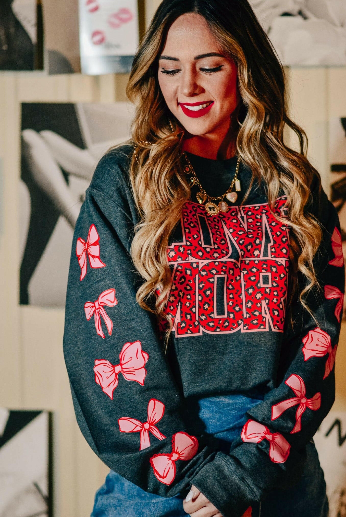 Love More Leopard & Bows Sweatshirt-Krush Kandy, Women's Online Fashion Boutique Located in Phoenix, Arizona (Scottsdale Area)
