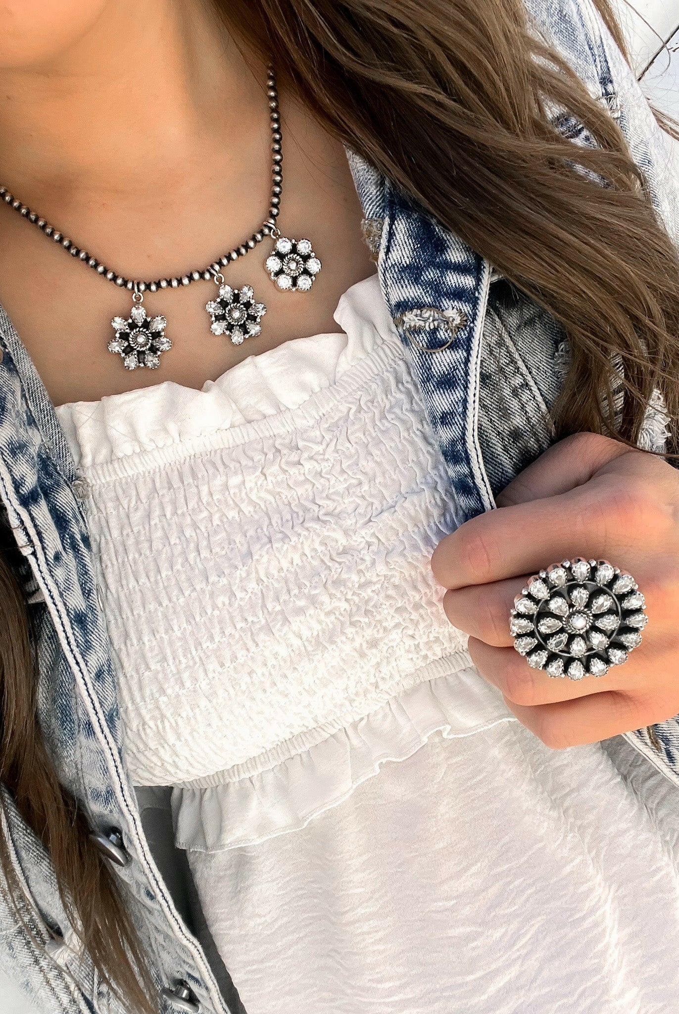 Desert Pearl Crystal Cluster Sterling Silver Necklace-Squash Blossom Necklaces-Krush Kandy, Women's Online Fashion Boutique Located in Phoenix, Arizona (Scottsdale Area)