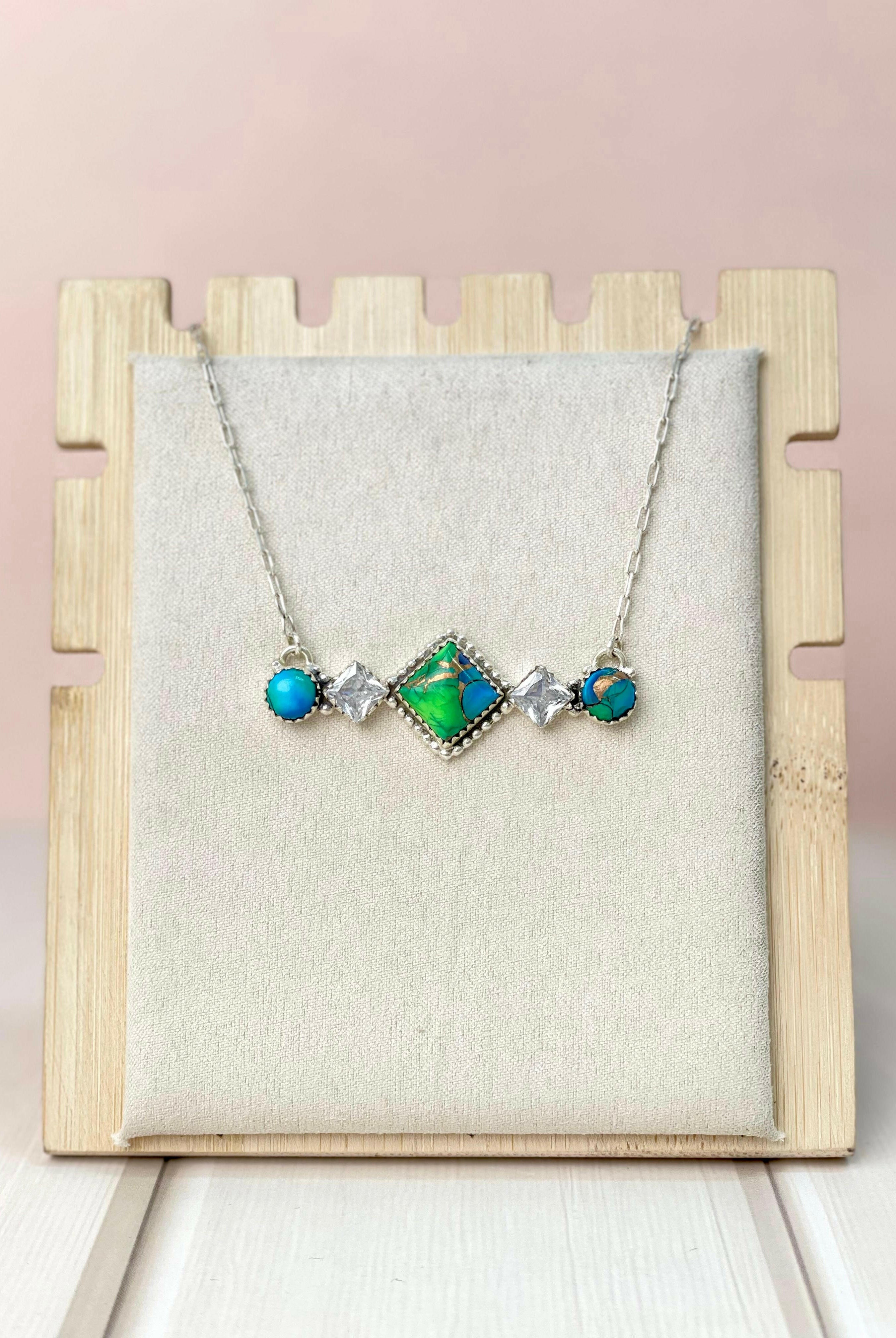 Peacock Dahlia Square CZ Bar Necklace-Necklaces-Krush Kandy, Women's Online Fashion Boutique Located in Phoenix, Arizona (Scottsdale Area)