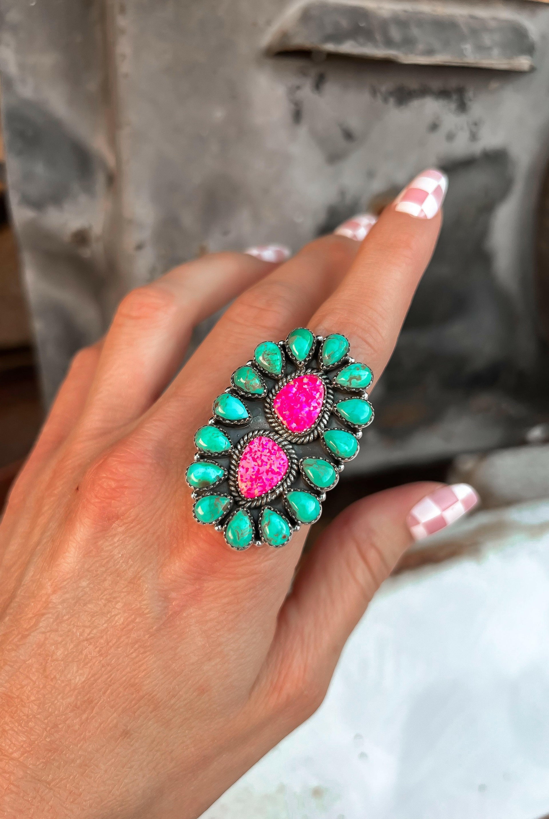 Barbie Neon Hot Pink Opal & Turquoise Cluster Ring-Krush Kandy, Women's Online Fashion Boutique Located in Phoenix, Arizona (Scottsdale Area)