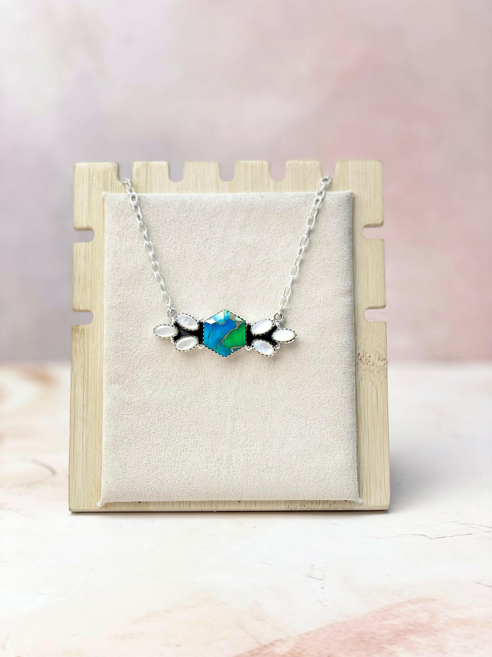 Multi Gem and MOP Hexagon Bar Necklace-Necklaces-Krush Kandy, Women's Online Fashion Boutique Located in Phoenix, Arizona (Scottsdale Area)