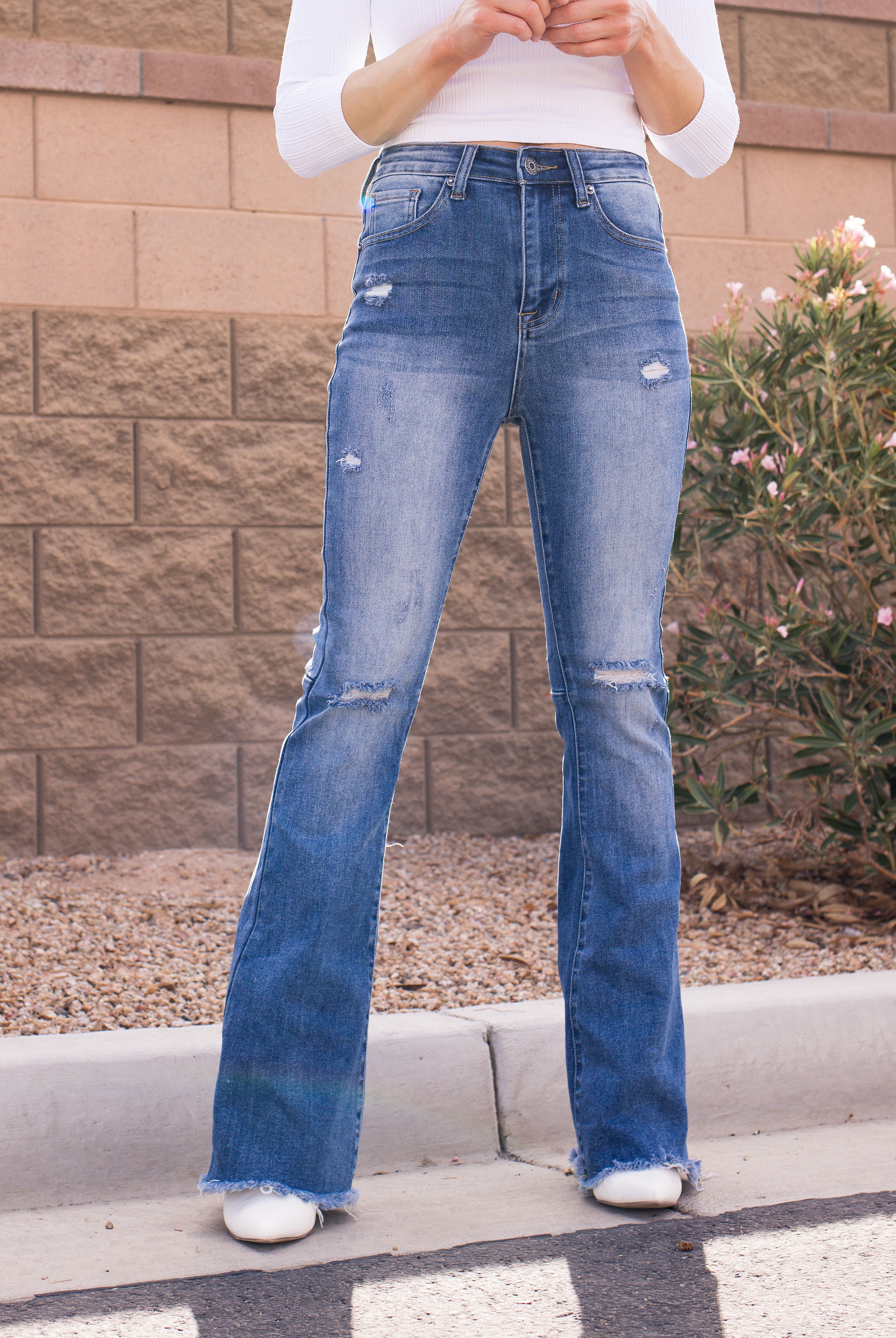 RISEN High Rise Distressed Raw Hem Flare Jean-Jeans-Krush Kandy, Women's Online Fashion Boutique Located in Phoenix, Arizona (Scottsdale Area)
