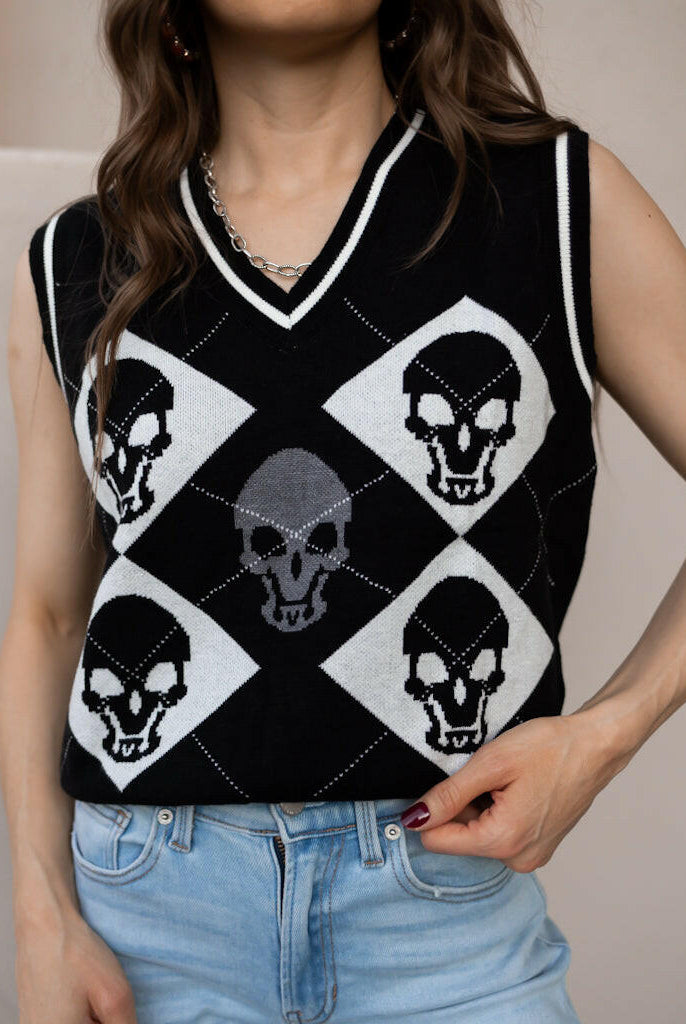 Skull Contrast V-Neck Sweater Vest-Tops-Krush Kandy, Women's Online Fashion Boutique Located in Phoenix, Arizona (Scottsdale Area)