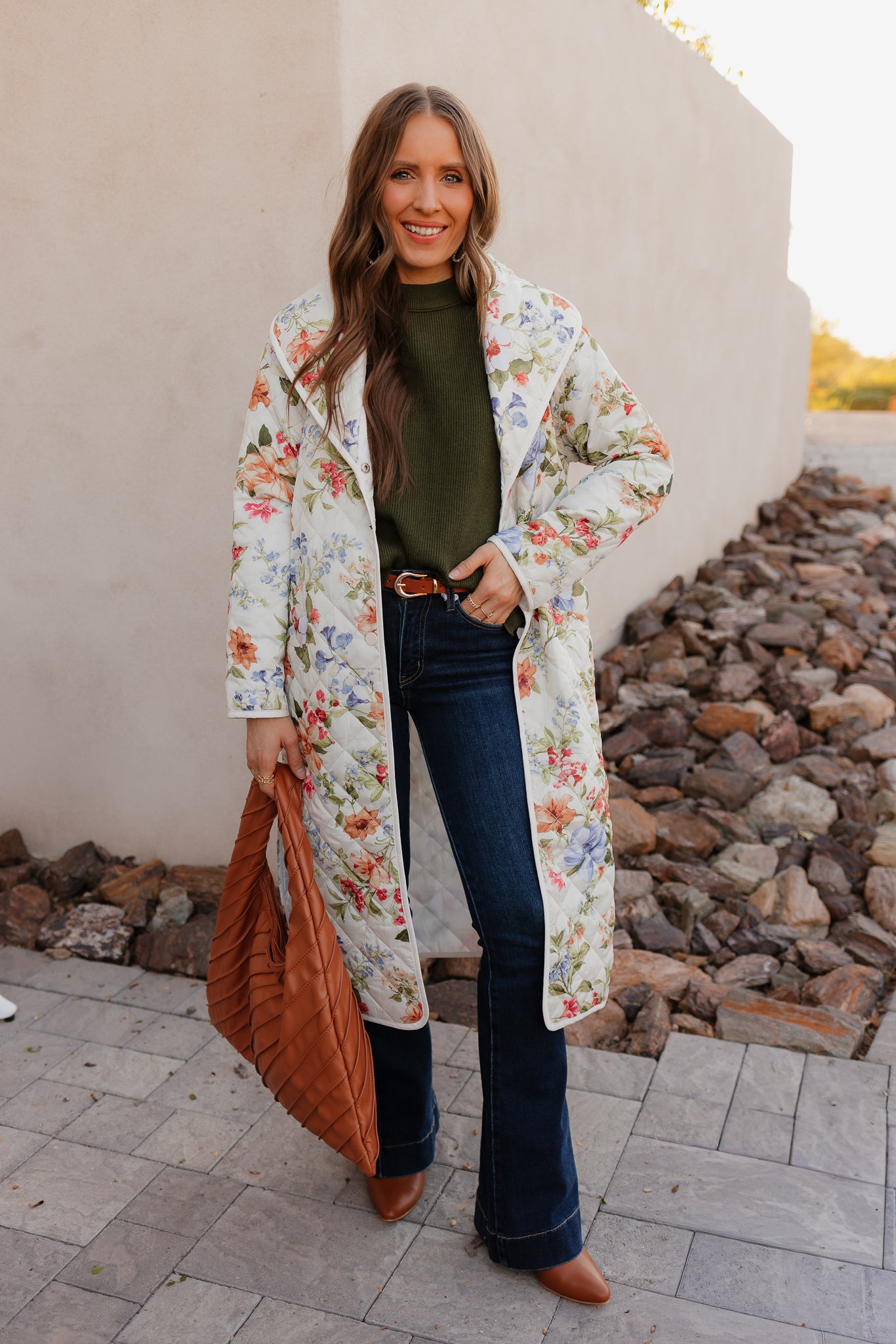 Floral Quilted Belted Long Coat S-3X-Coats-Krush Kandy, Women's Online Fashion Boutique Located in Phoenix, Arizona (Scottsdale Area)