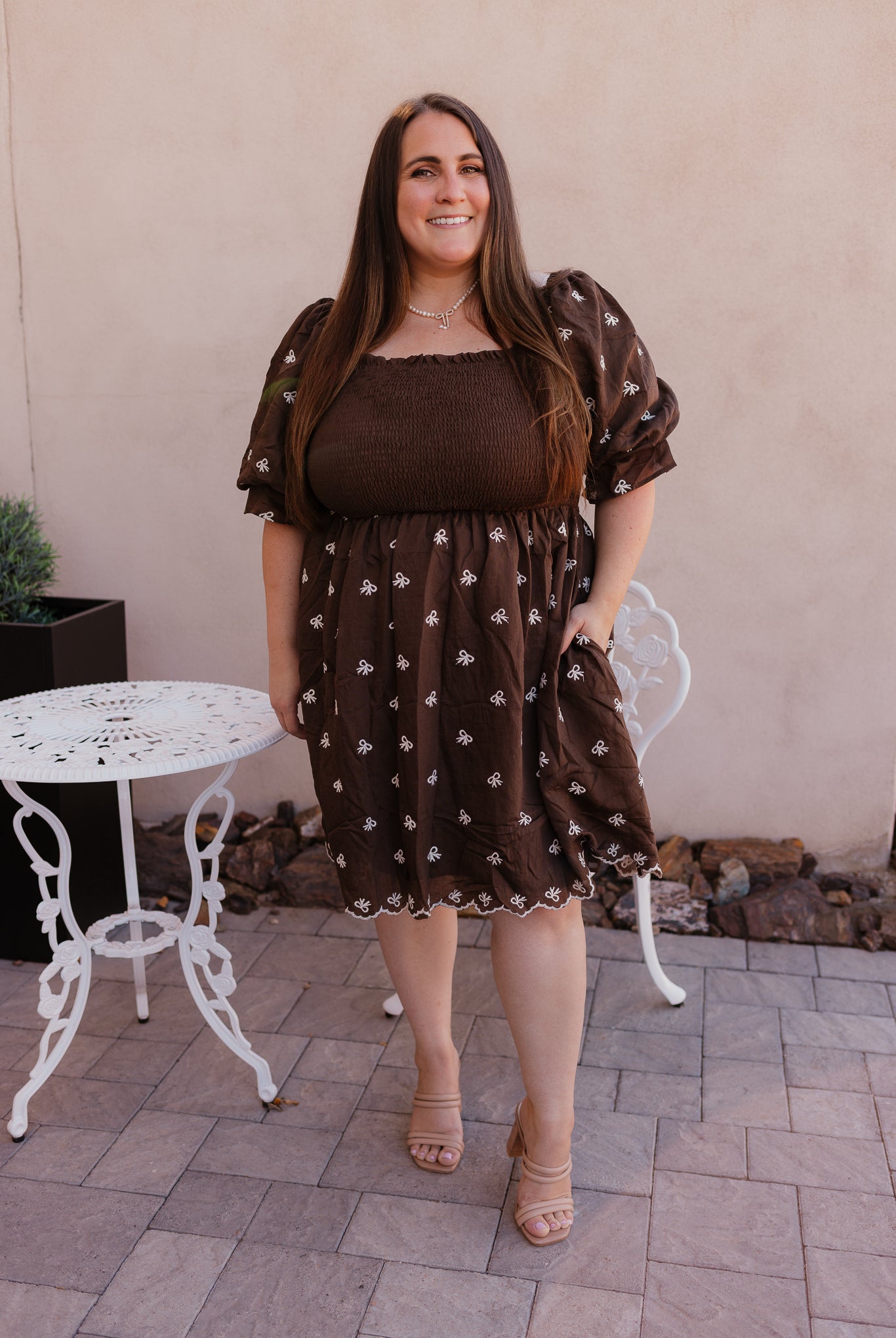 Brown Embroidered Bow Babydoll Dress S-3X-Dresses-Krush Kandy, Women's Online Fashion Boutique Located in Phoenix, Arizona (Scottsdale Area)