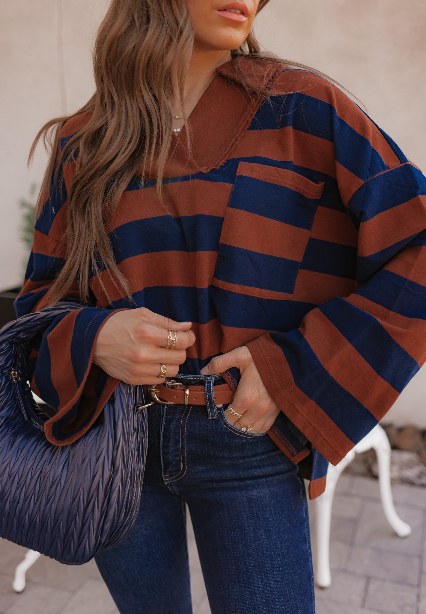 Striped Oversized V-Neck Sweatshirt-Sweatshirt-Krush Kandy, Women's Online Fashion Boutique Located in Phoenix, Arizona (Scottsdale Area)