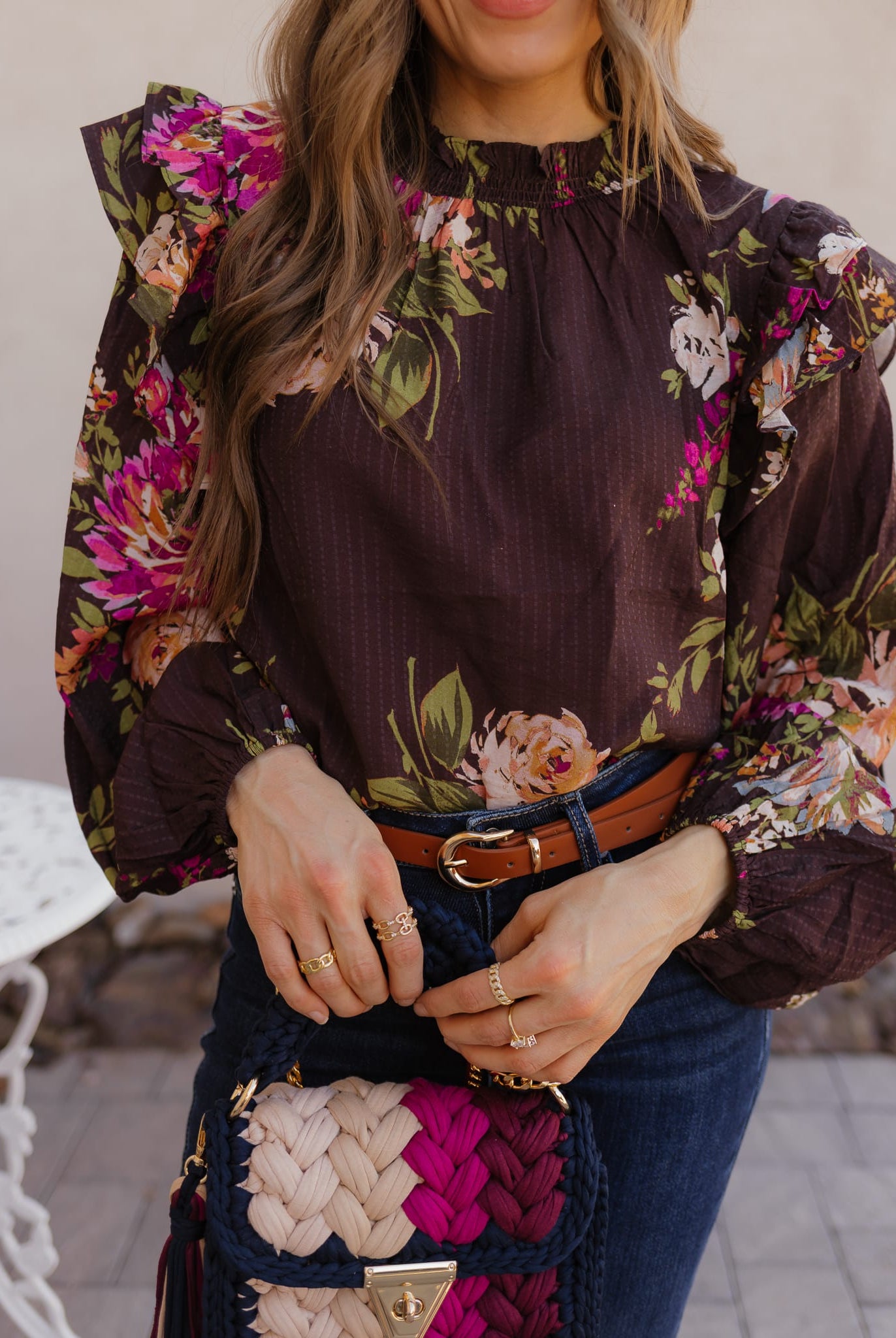 Floral Ruffled Mock Neck Blouse S-3X-Tops-Krush Kandy, Women's Online Fashion Boutique Located in Phoenix, Arizona (Scottsdale Area)
