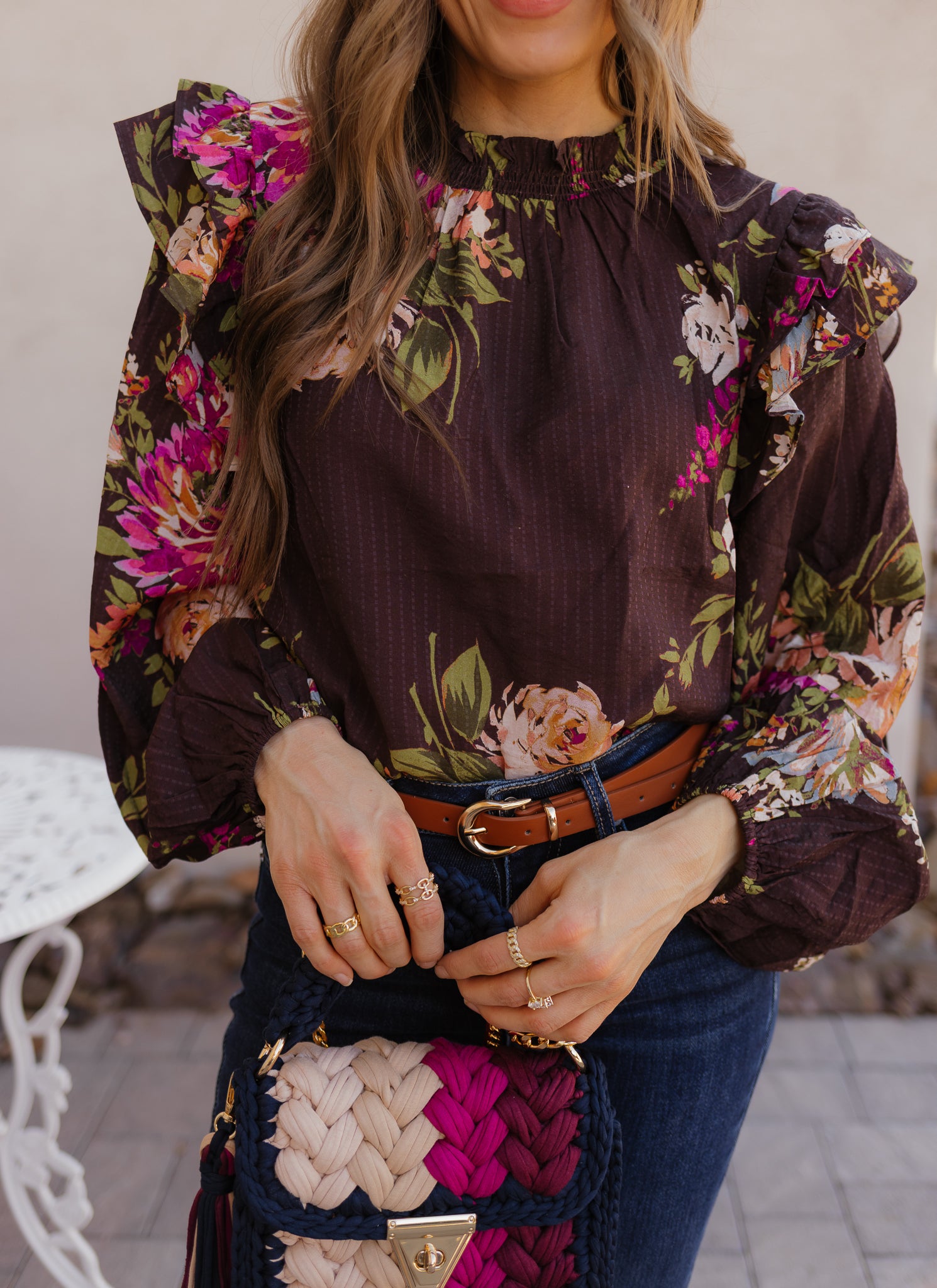 Floral Ruffled Mock Neck Blouse S-3X-Tops-Krush Kandy, Women's Online Fashion Boutique Located in Phoenix, Arizona (Scottsdale Area)