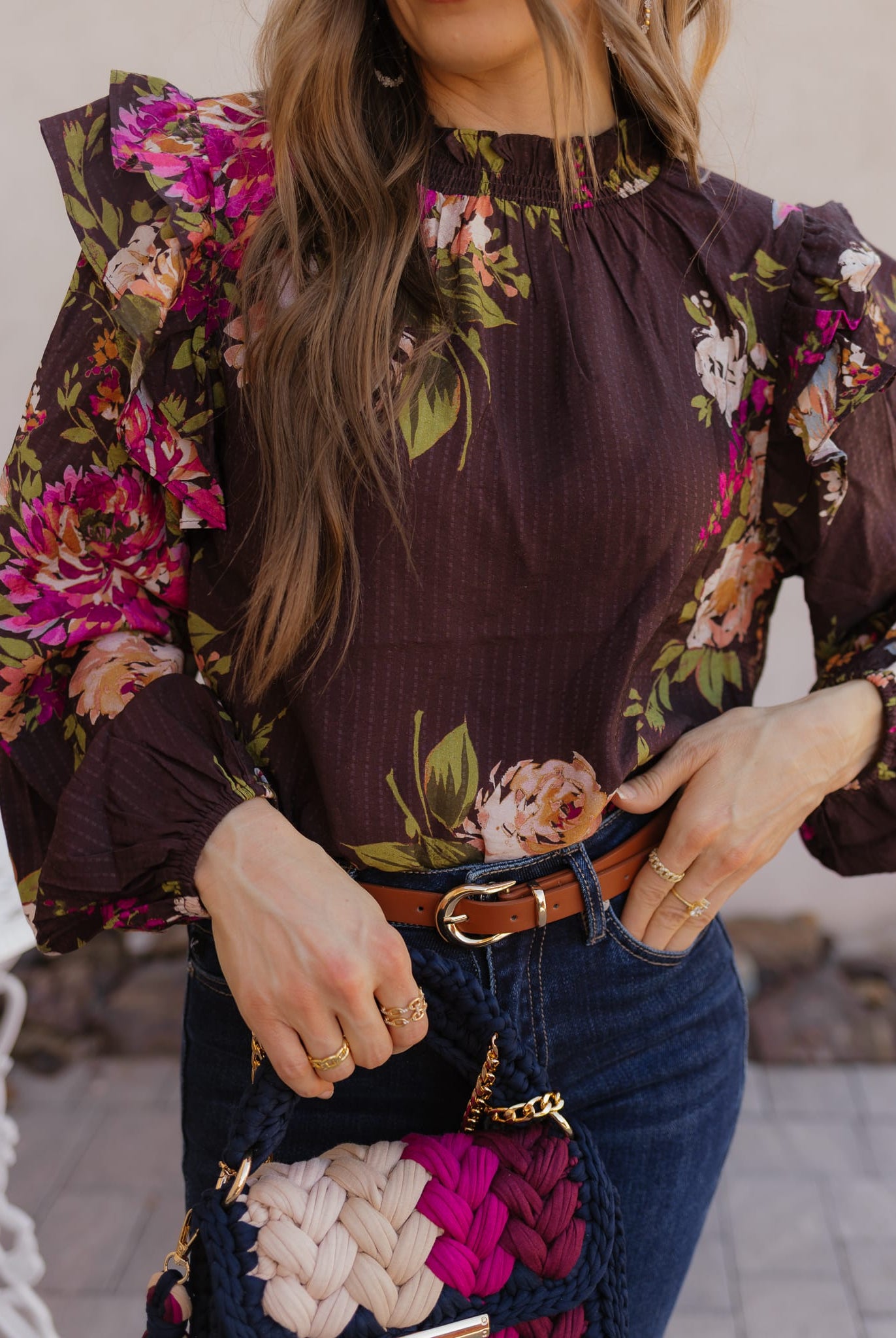 Floral Ruffled Mock Neck Blouse S-3X-Tops-Krush Kandy, Women's Online Fashion Boutique Located in Phoenix, Arizona (Scottsdale Area)