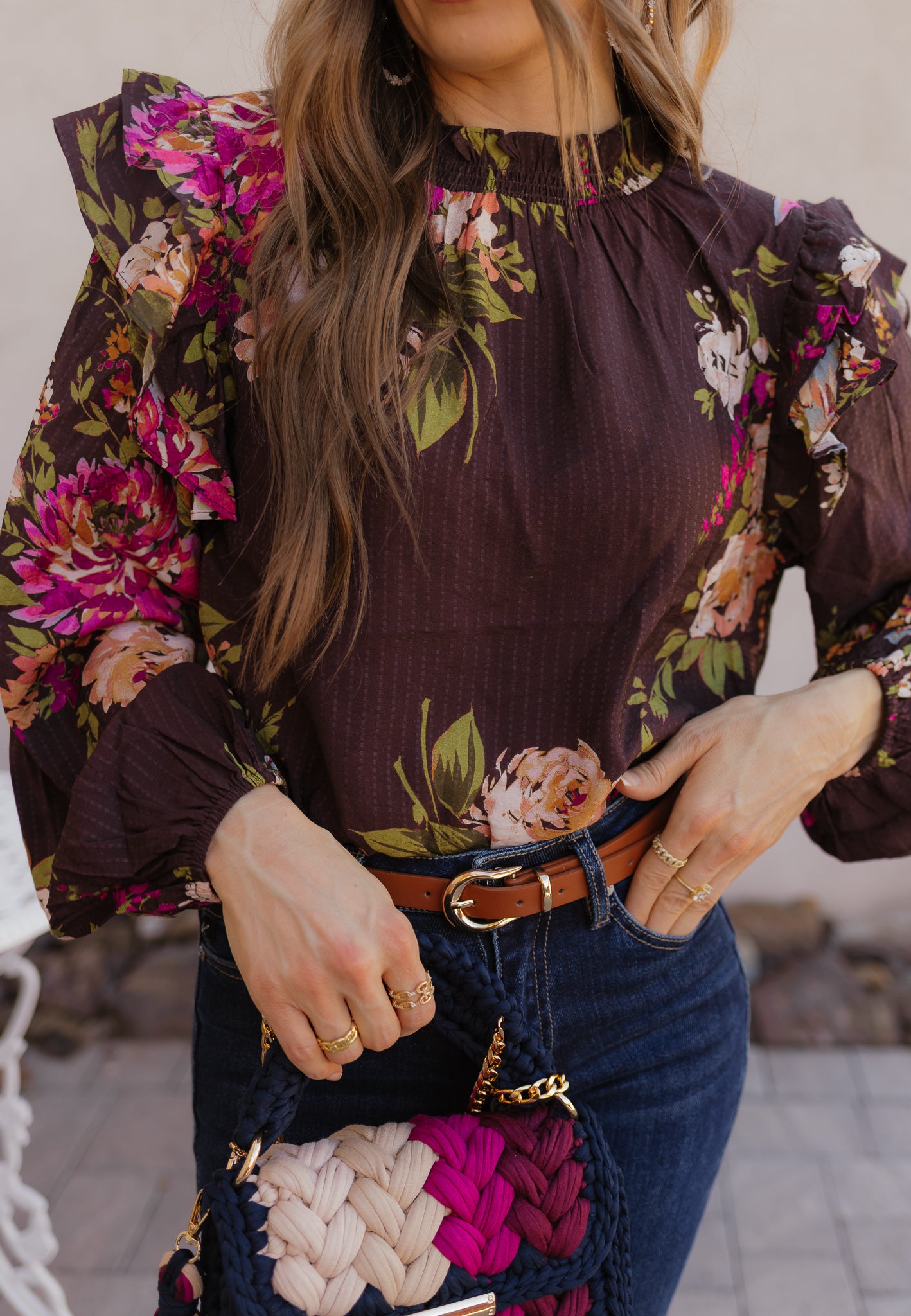 Floral Ruffled Mock Neck Blouse S-3X-Tops-Krush Kandy, Women's Online Fashion Boutique Located in Phoenix, Arizona (Scottsdale Area)