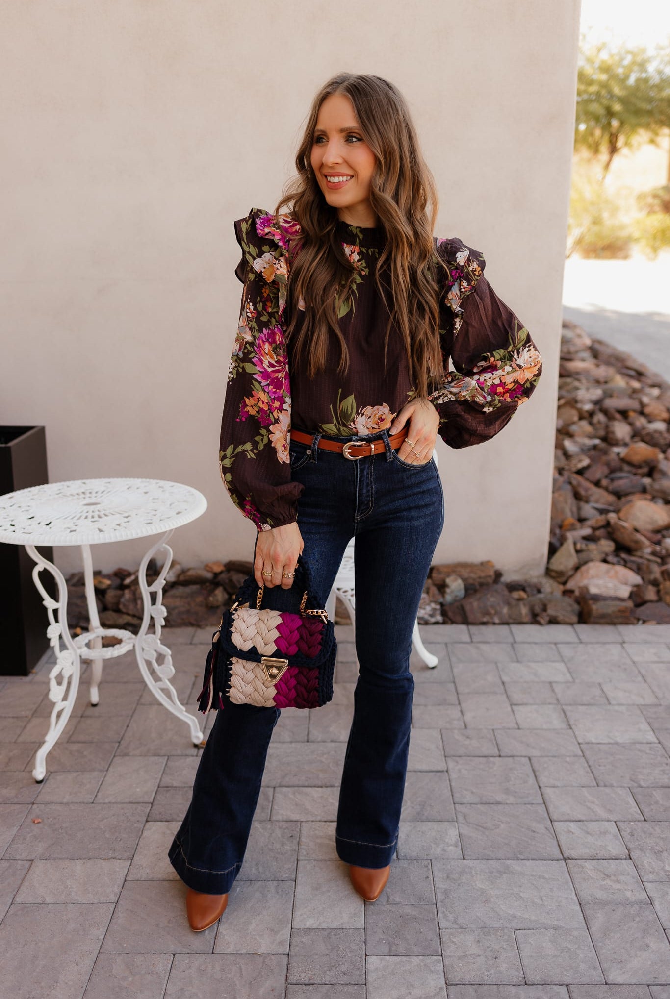 Floral Ruffled Mock Neck Blouse S-3X-Tops-Krush Kandy, Women's Online Fashion Boutique Located in Phoenix, Arizona (Scottsdale Area)