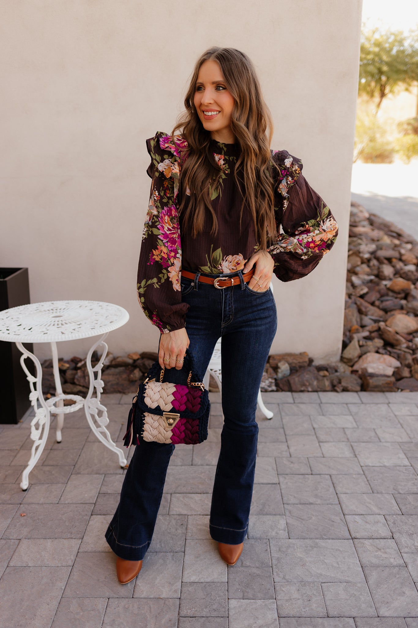 Floral Ruffled Mock Neck Blouse S-3X-Tops-Krush Kandy, Women's Online Fashion Boutique Located in Phoenix, Arizona (Scottsdale Area)