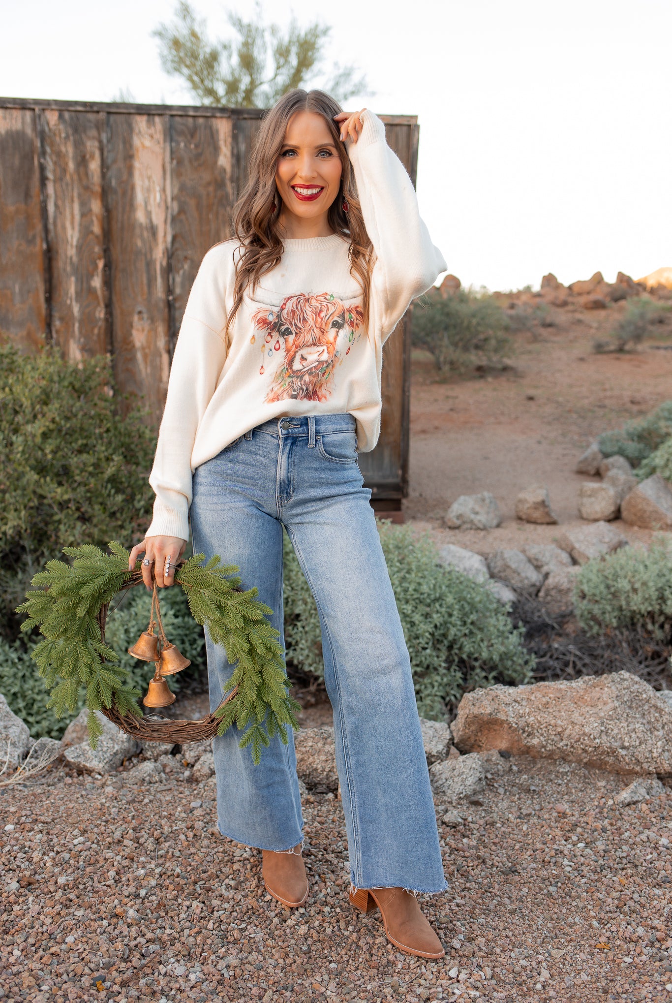 Highland Cow Christmas Lights Knit Sweater | KKB EXCLUSIVE XS-3X-Sweater-Krush Kandy, Women's Online Fashion Boutique Located in Phoenix, Arizona (Scottsdale Area)
