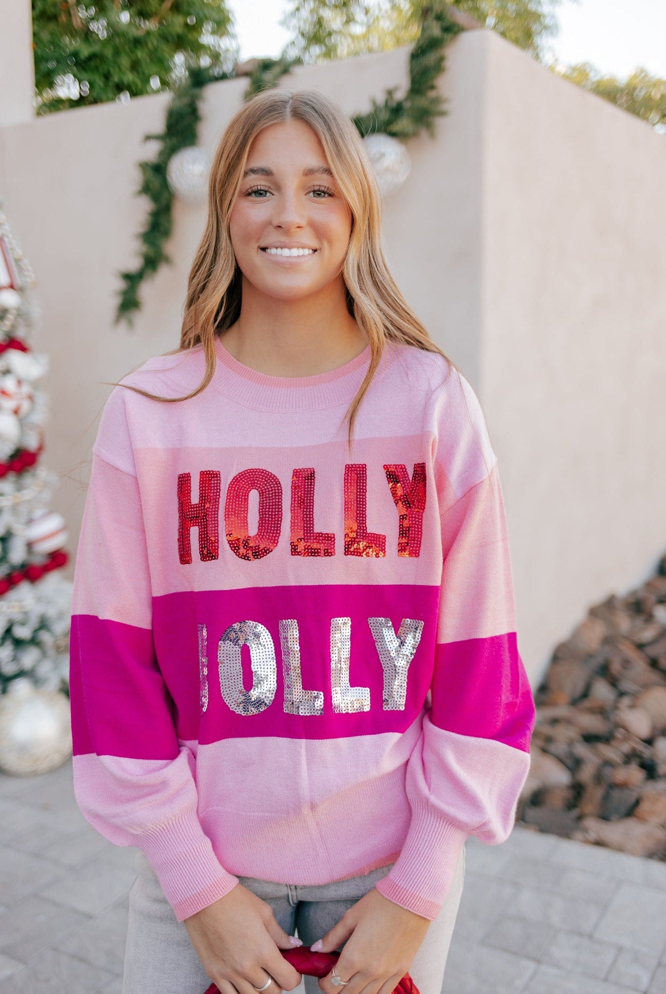 Sequined HOLLY JOLLY Color Block Crew Neck Sweater-Sweater-Krush Kandy, Women's Online Fashion Boutique Located in Phoenix, Arizona (Scottsdale Area)