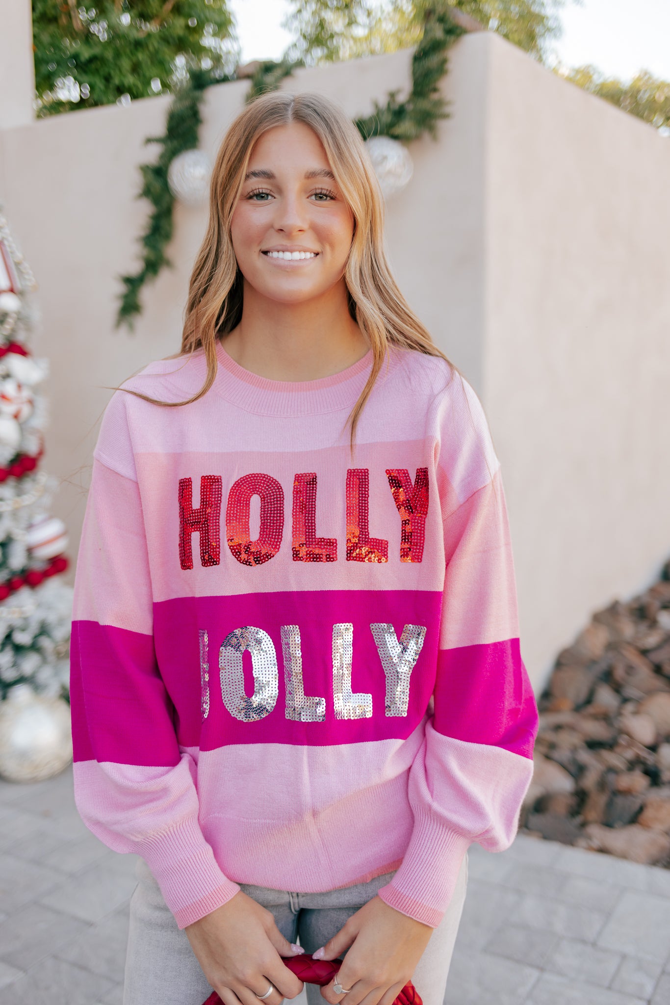 Sequined HOLLY JOLLY Color Block Crew Neck Sweater-Sweater-Krush Kandy, Women's Online Fashion Boutique Located in Phoenix, Arizona (Scottsdale Area)