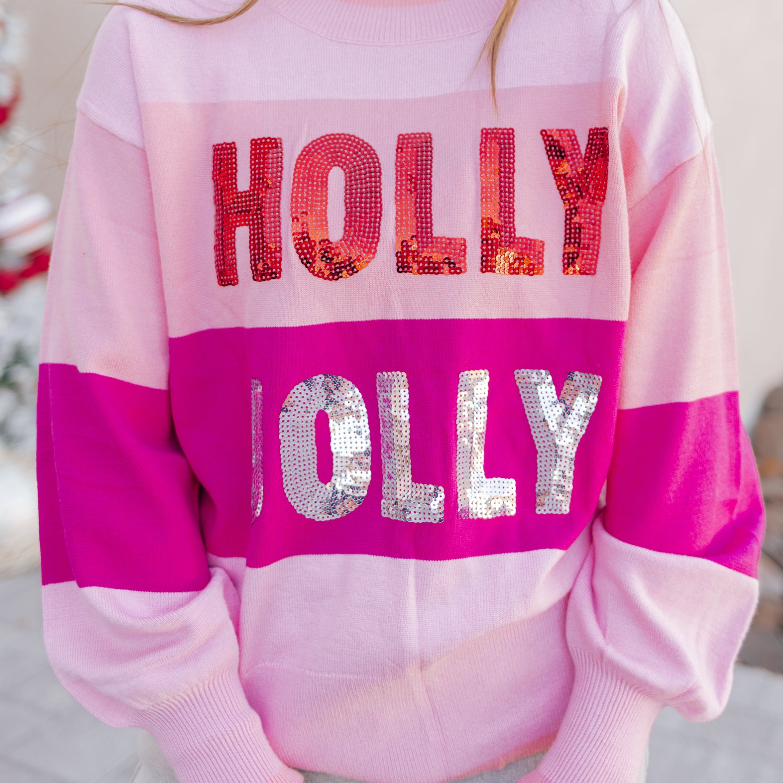 Sequined HOLLY JOLLY Color Block Crew Neck Sweater-Sweater-Krush Kandy, Women's Online Fashion Boutique Located in Phoenix, Arizona (Scottsdale Area)