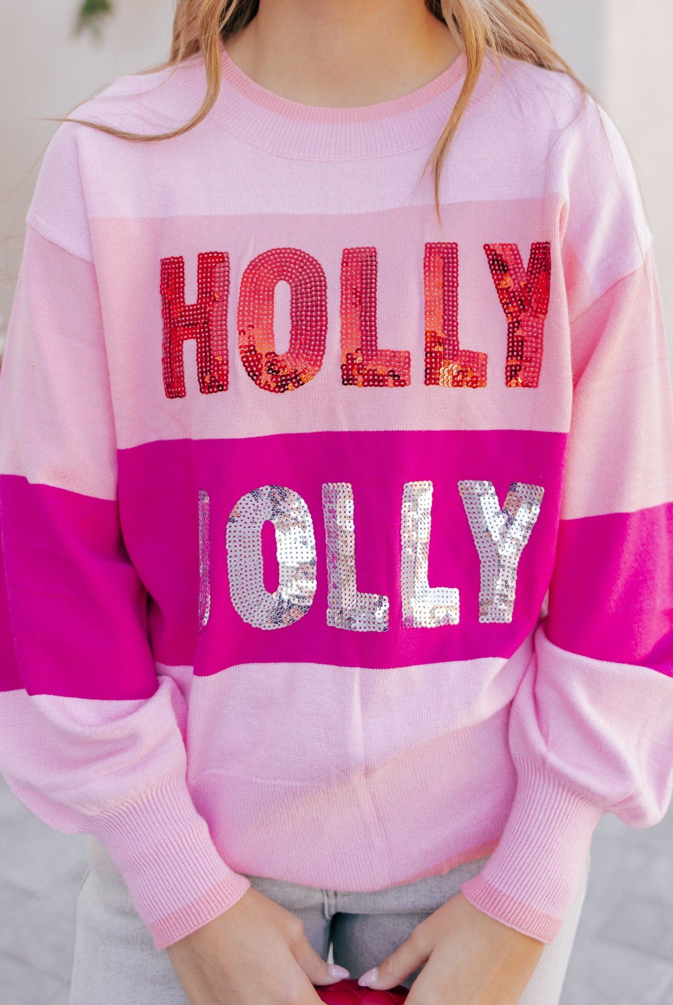 Sequined HOLLY JOLLY Color Block Crew Neck Sweater-Sweater-Krush Kandy, Women's Online Fashion Boutique Located in Phoenix, Arizona (Scottsdale Area)