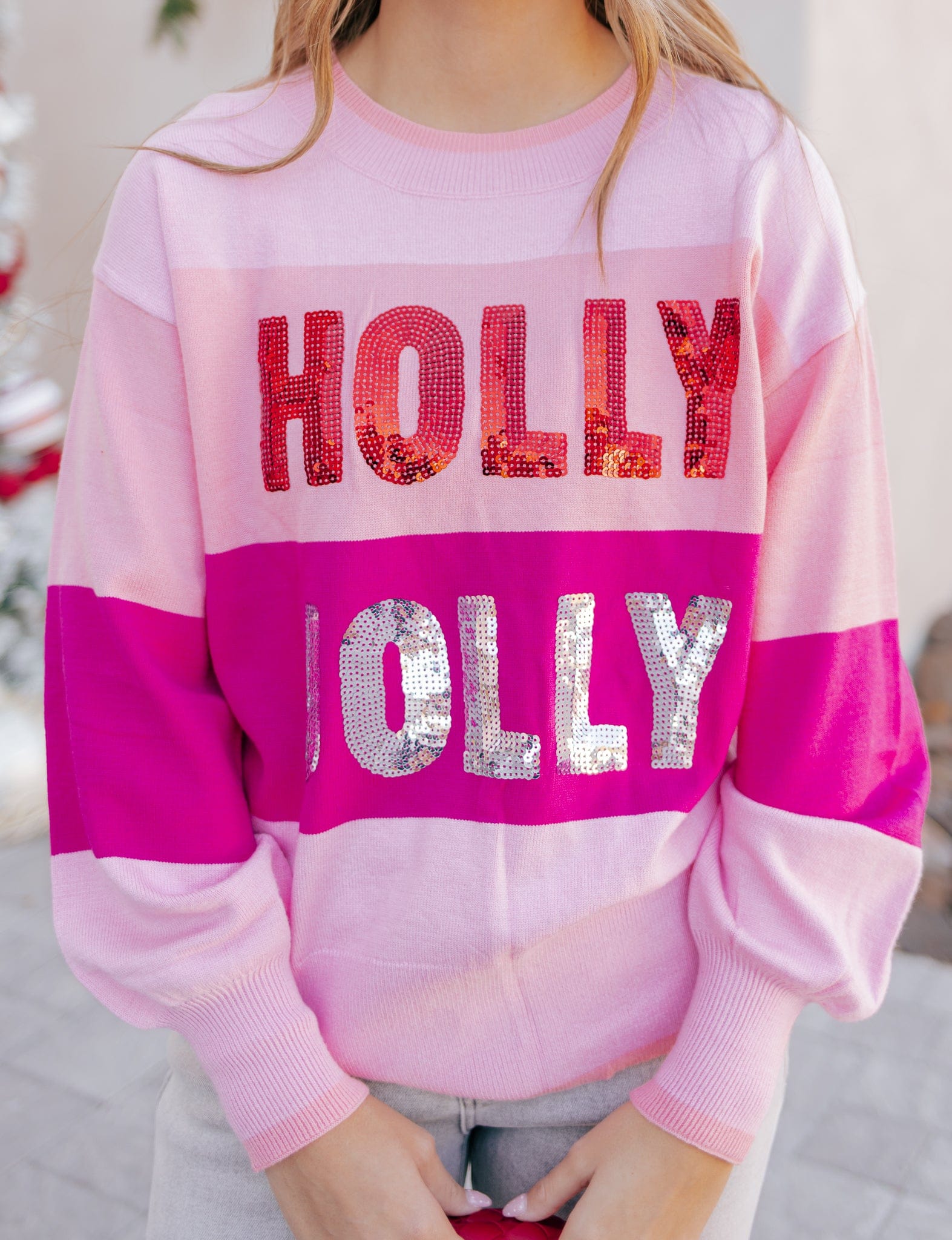 Sequined HOLLY JOLLY Color Block Crew Neck Sweater-Sweater-Krush Kandy, Women's Online Fashion Boutique Located in Phoenix, Arizona (Scottsdale Area)