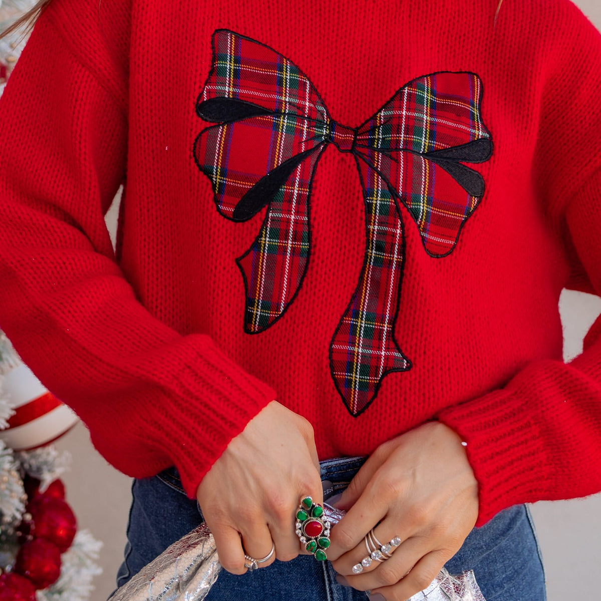 Plaid Bow Holiday Sweater \ KKB EXCLUSIVE XS-3X-Sweater-Krush Kandy, Women's Online Fashion Boutique Located in Phoenix, Arizona (Scottsdale Area)