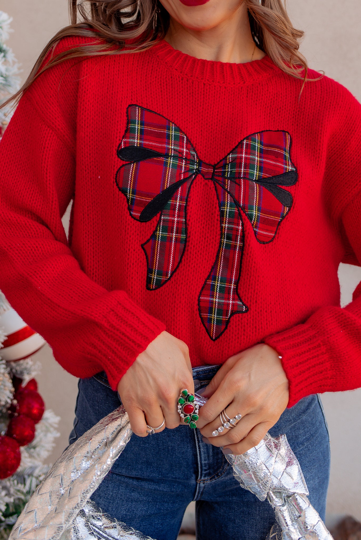 Plaid Bow Holiday Sweater \ KKB EXCLUSIVE XS-3X-Sweater-Krush Kandy, Women's Online Fashion Boutique Located in Phoenix, Arizona (Scottsdale Area)
