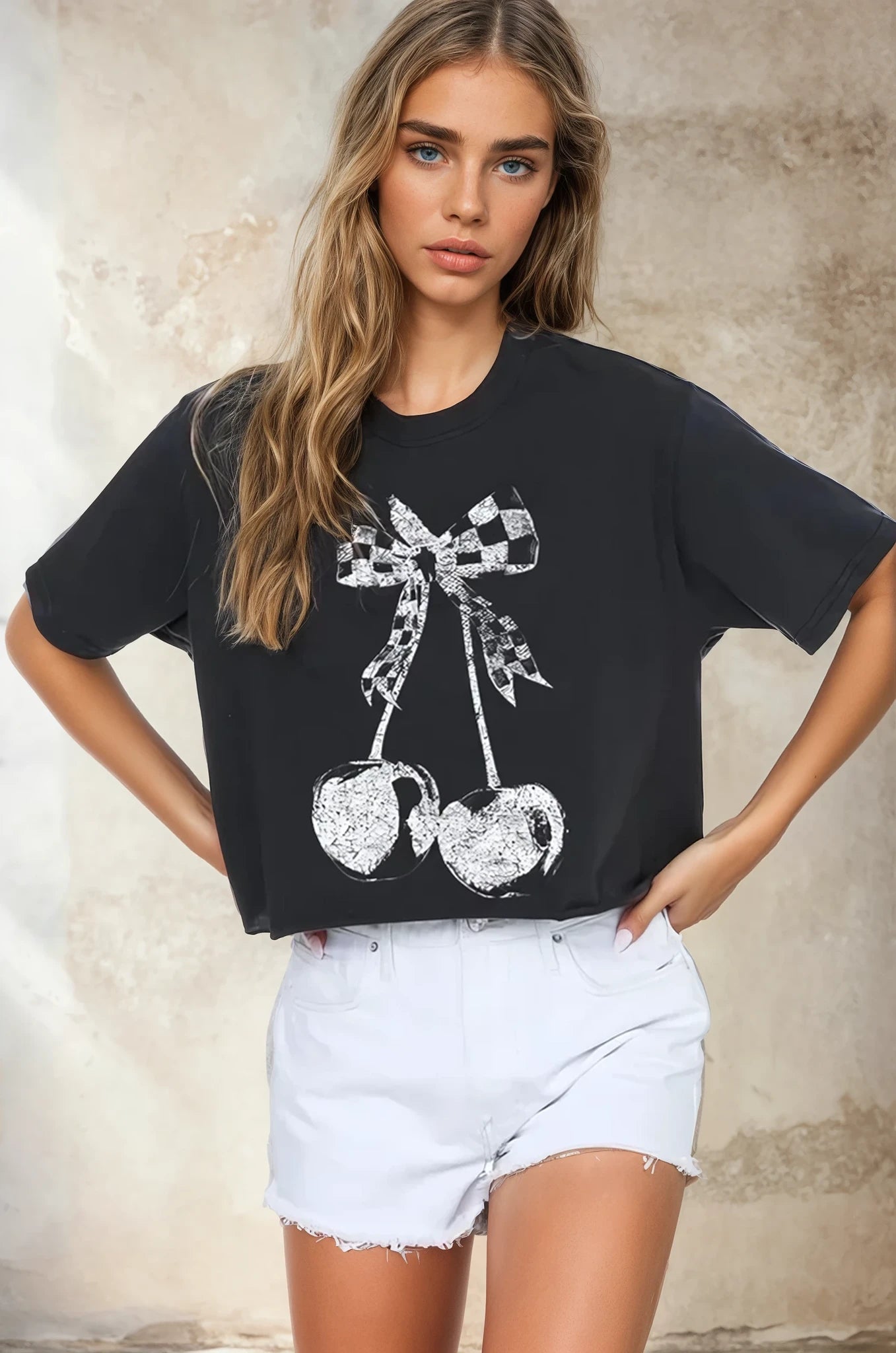 Checkered Bow Cherry Vintage Graphic Tee-Graphic Tees-Krush Kandy, Women's Online Fashion Boutique Located in Phoenix, Arizona (Scottsdale Area)