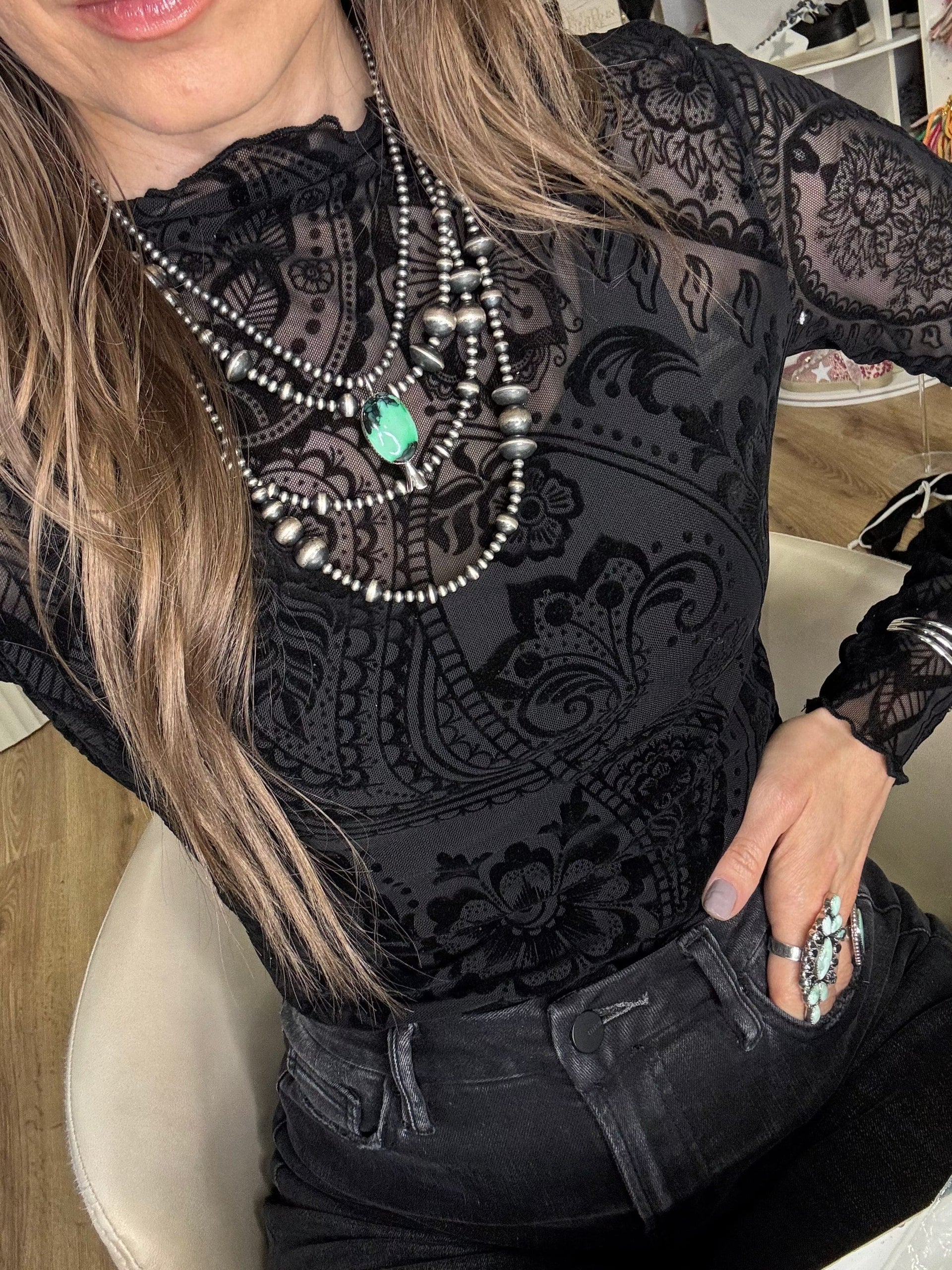 Saddle Up Velvet Long Sleeve Mesh Top-Tops-Krush Kandy, Women's Online Fashion Boutique Located in Phoenix, Arizona (Scottsdale Area)