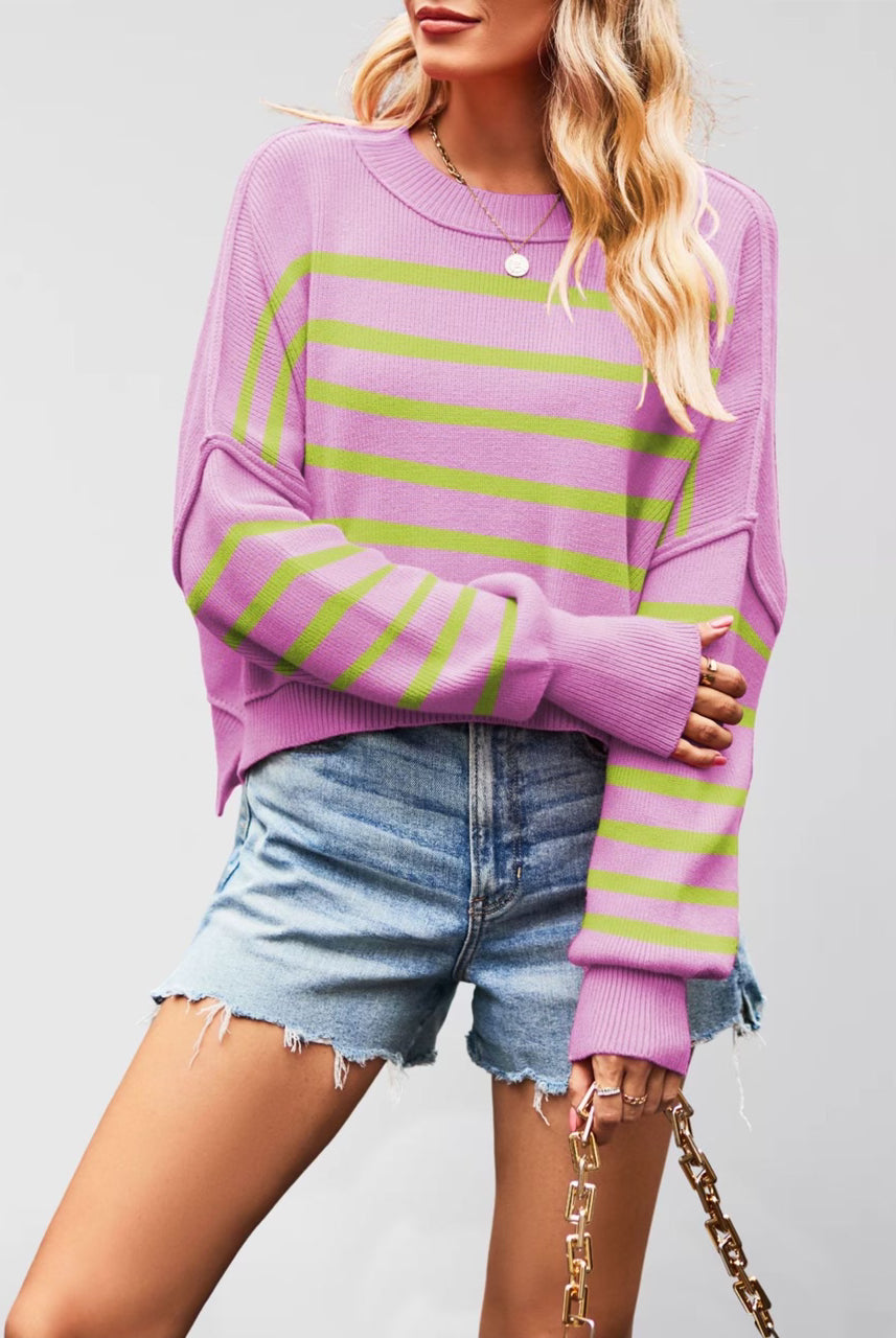 Round Neck Striped Side Slit Lantern Sleeve Sweater-Sweater-Krush Kandy, Women's Online Fashion Boutique Located in Phoenix, Arizona (Scottsdale Area)