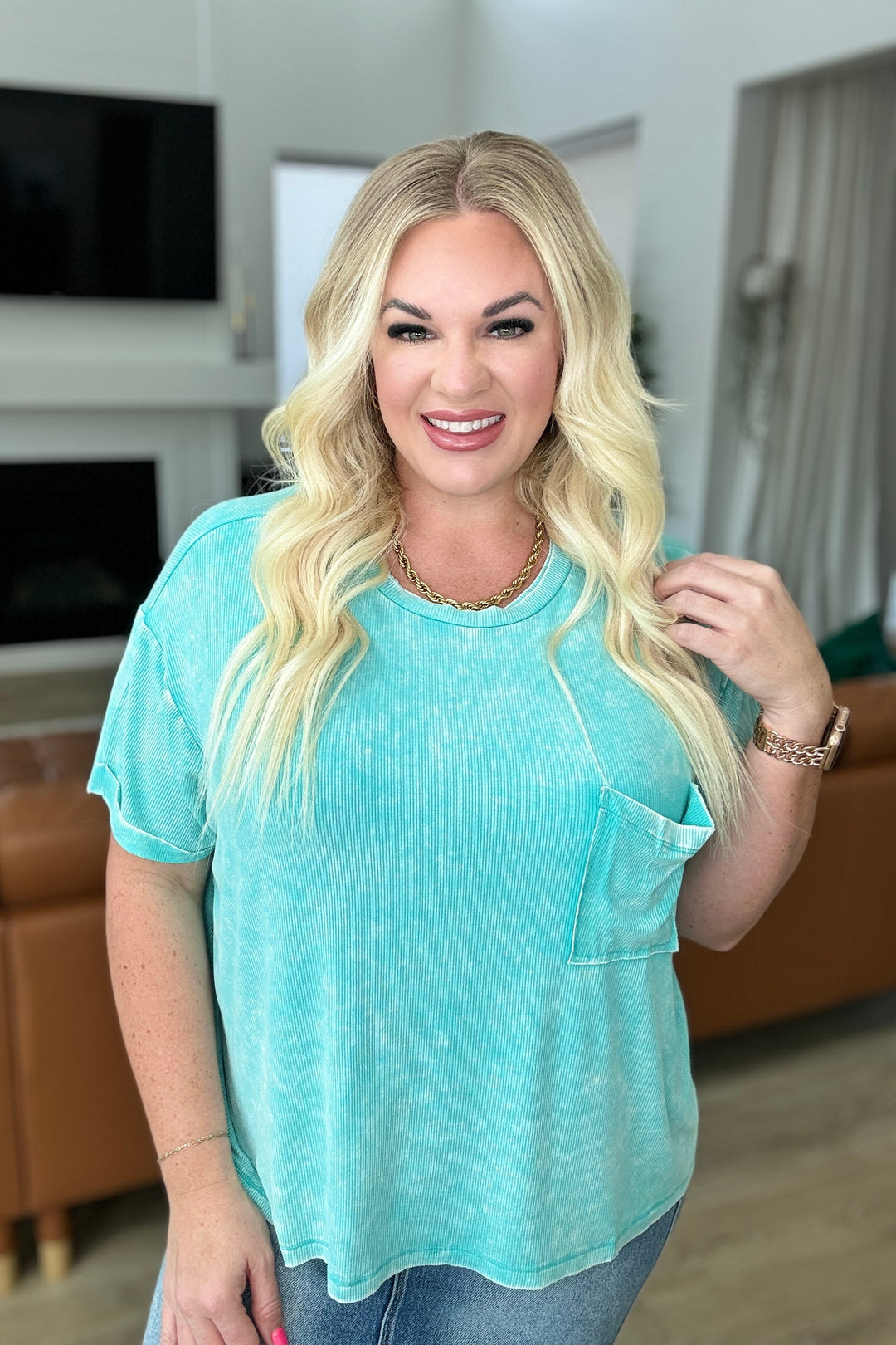 Mineral Wash Ribbed Round Neck Top in Turquoise-Short Sleeve Tops-Krush Kandy, Women's Online Fashion Boutique Located in Phoenix, Arizona (Scottsdale Area)