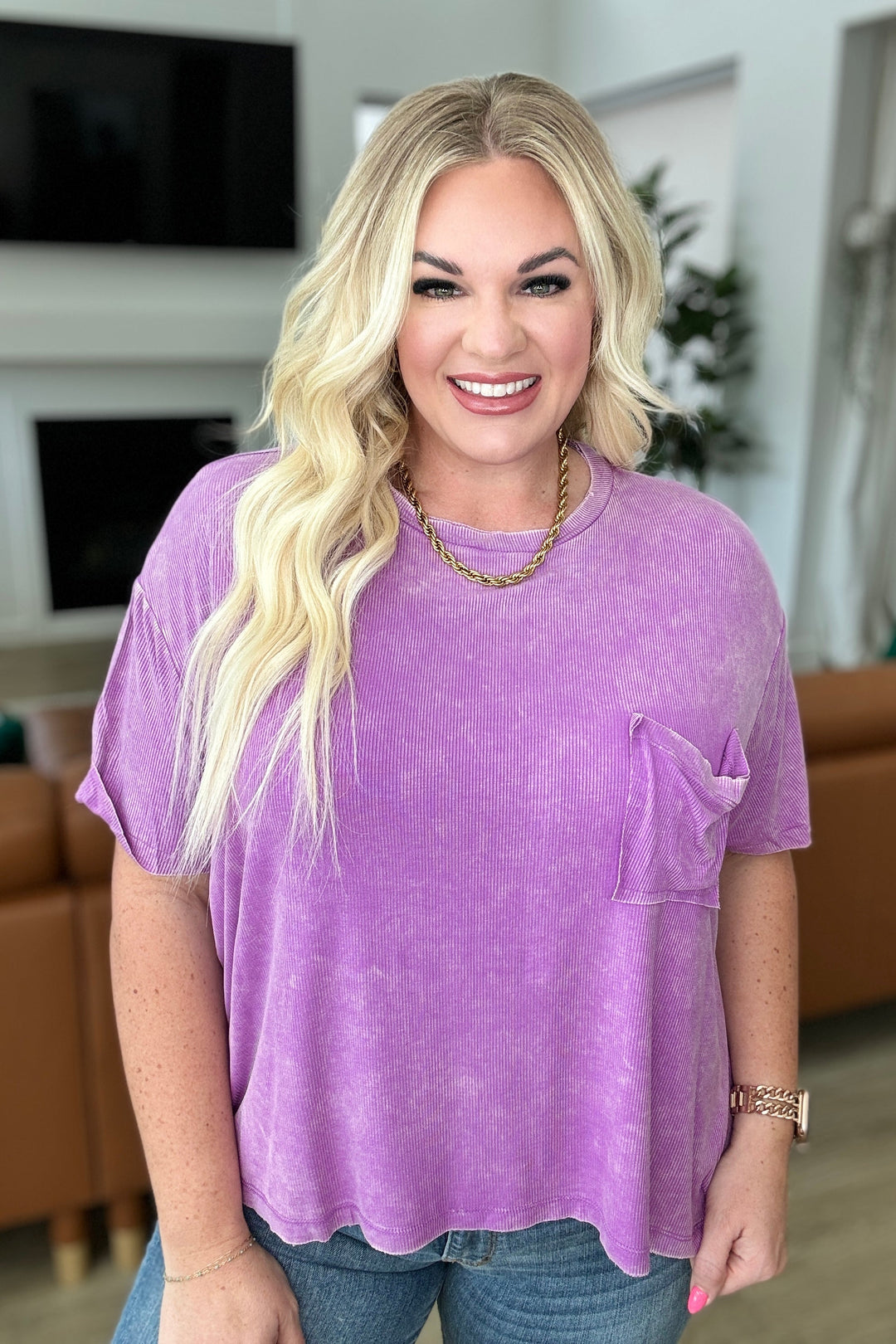 Mineral Wash Ribbed Round Neck Top in Bright Violet-Short Sleeve Tops-Krush Kandy, Women's Online Fashion Boutique Located in Phoenix, Arizona (Scottsdale Area)