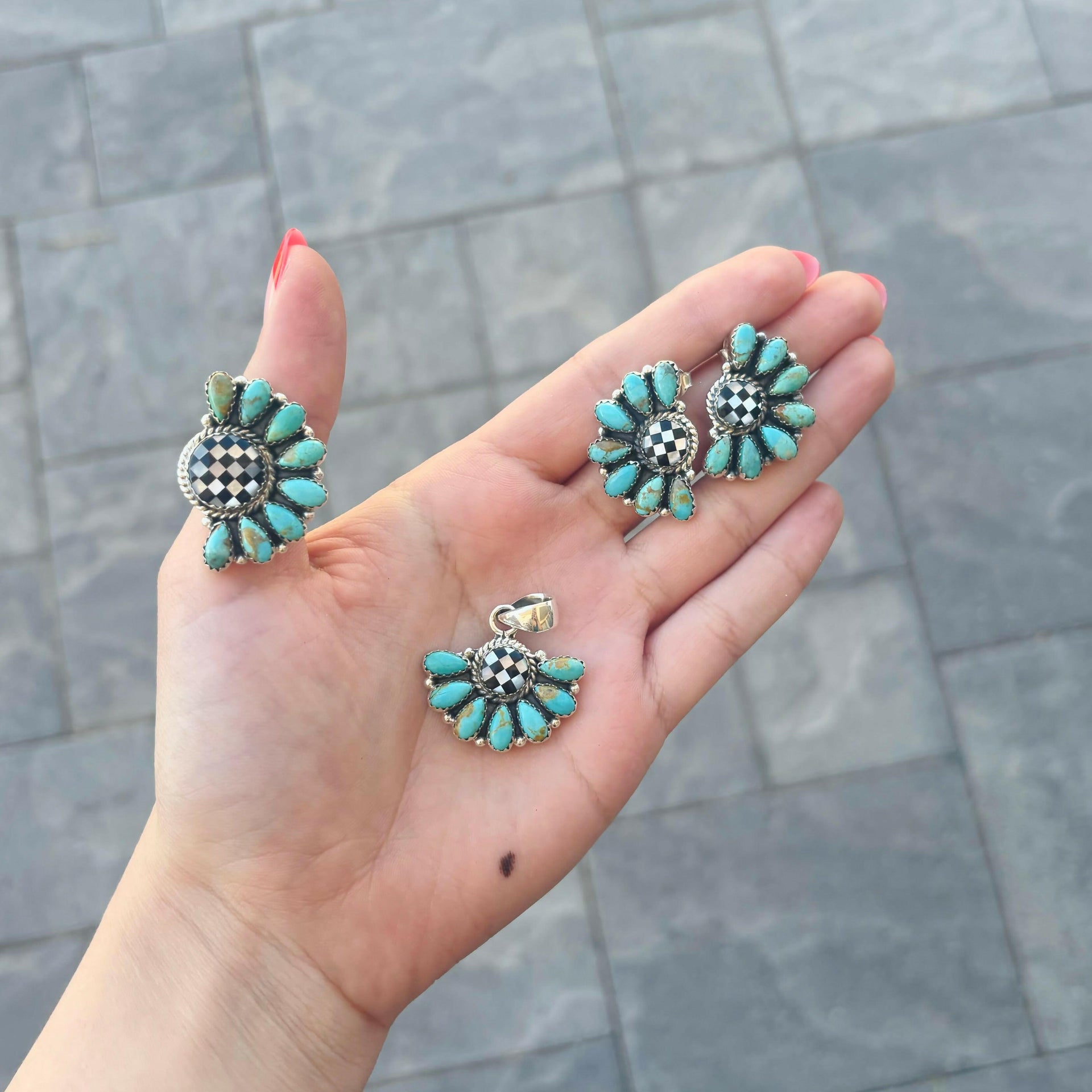 Turquoise & Checkered Pendant, Ring & Earrings-Jewelry Sets-Krush Kandy, Women's Online Fashion Boutique Located in Phoenix, Arizona (Scottsdale Area)