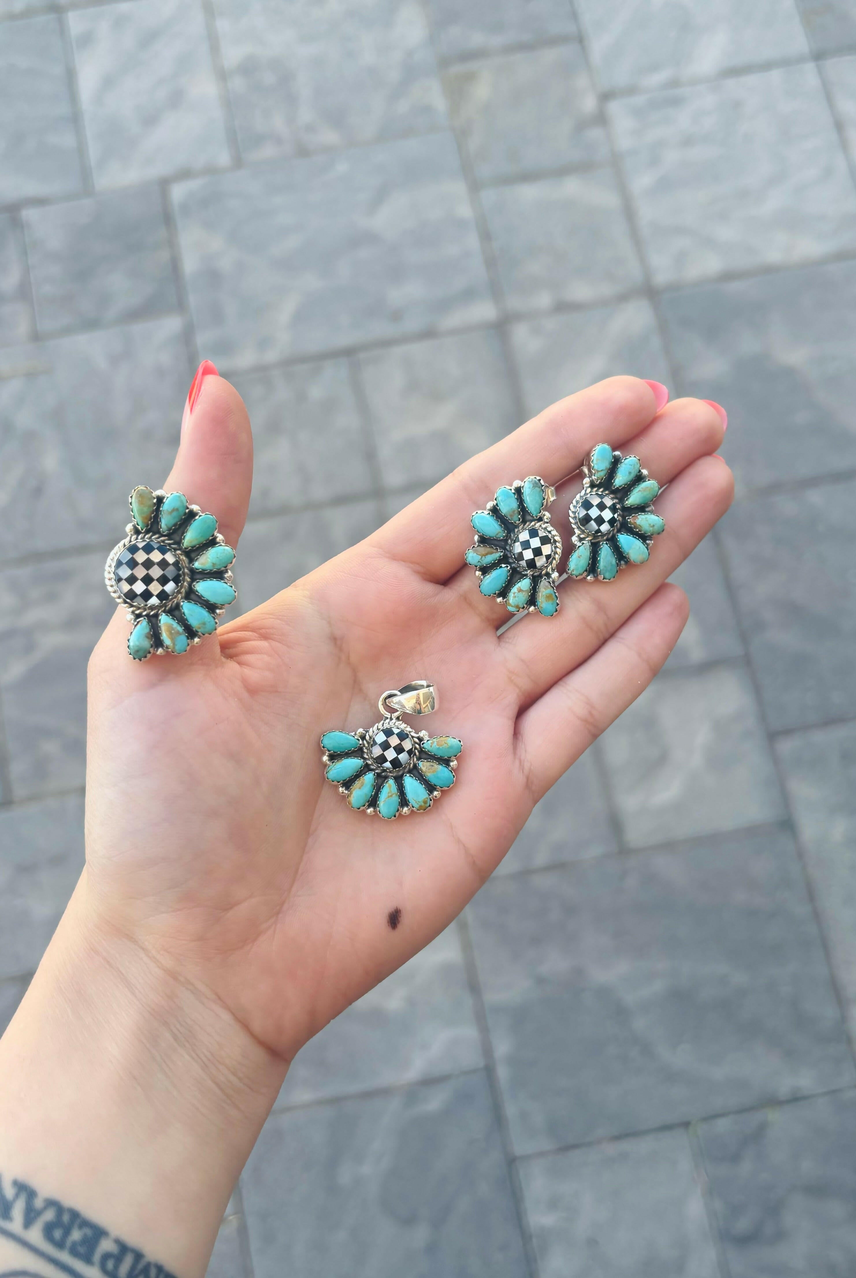 Turquoise & Checkered Pendant, Ring & Earrings-Jewelry Sets-Krush Kandy, Women's Online Fashion Boutique Located in Phoenix, Arizona (Scottsdale Area)